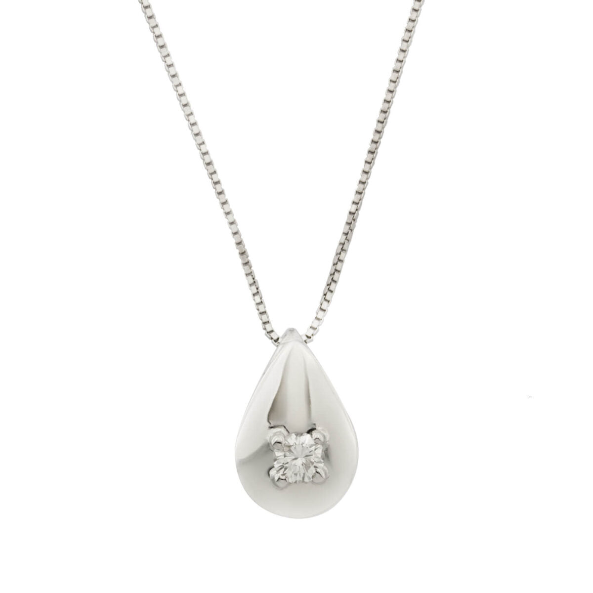 Collana con ciondolo goccia in oro bianco e diamante round 0,16 ct