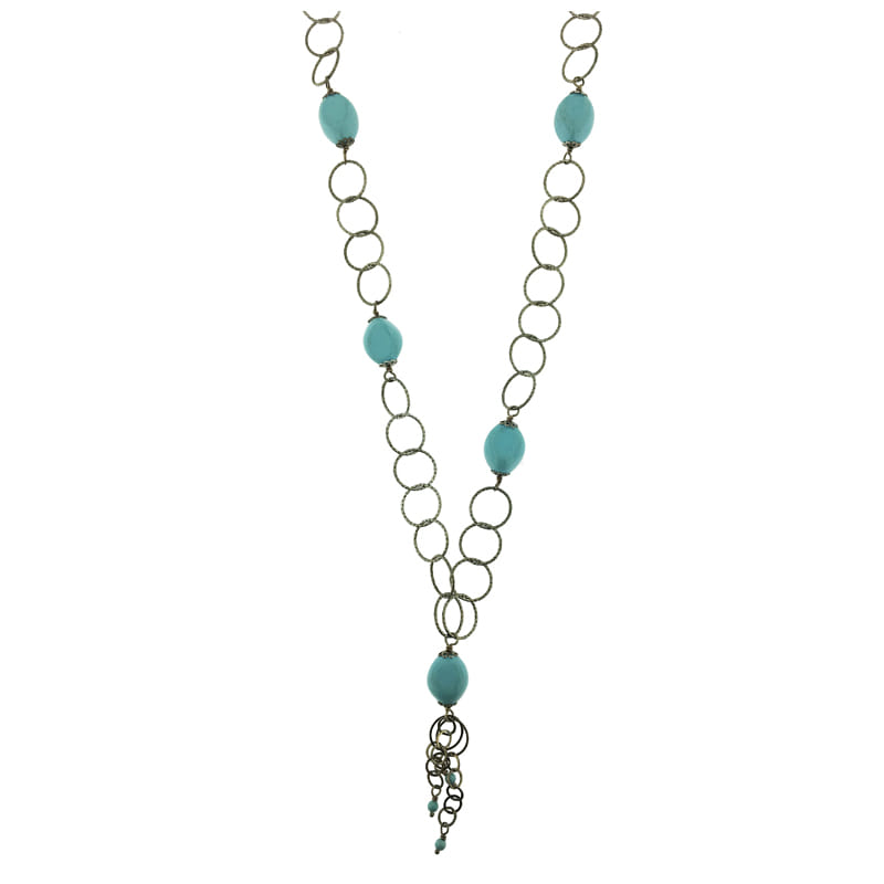 Collana In Argento 925 Con Pietre Turchesi Naturali Tumbled - Lunghezza 45 Cm, Gioiello Artigianale Dall'India