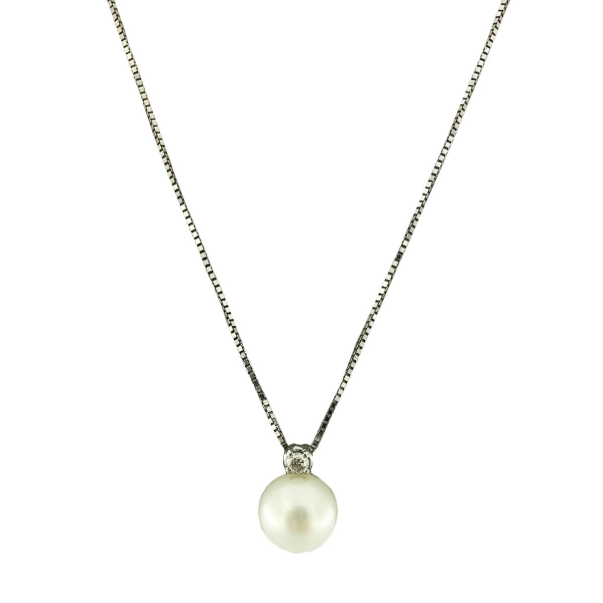 Collana in oro bianco 18kt con ciondolo perla naturale e diamante 0,05ct
