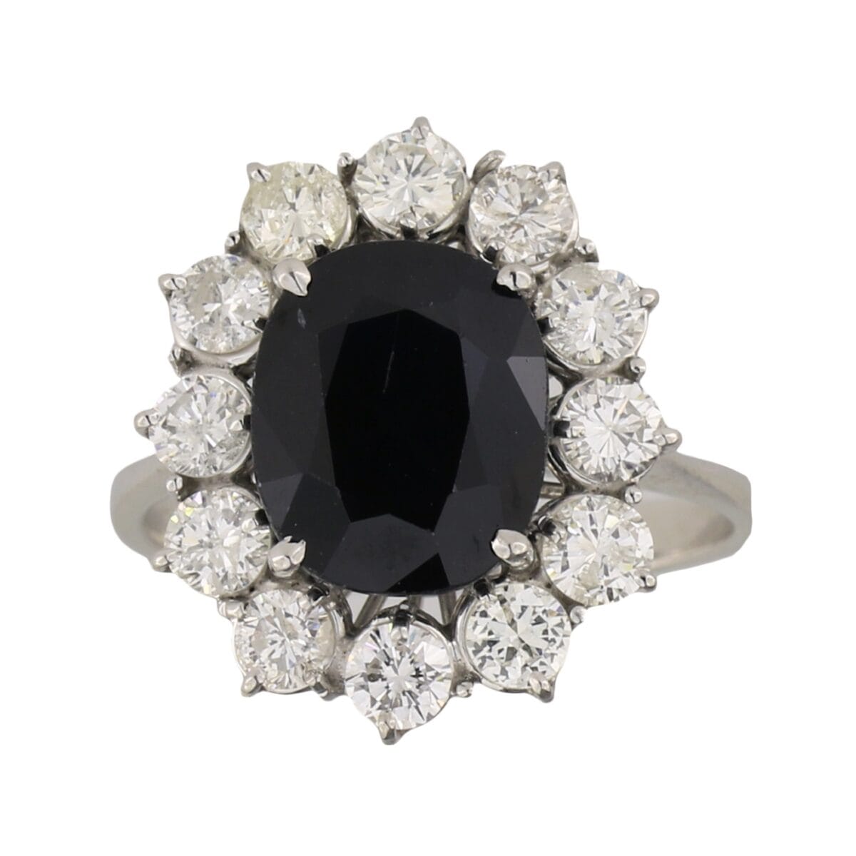 Anello d’oro bianco 18kt con diamanti taglio round 1,56ct e zaffiro 4,30ct