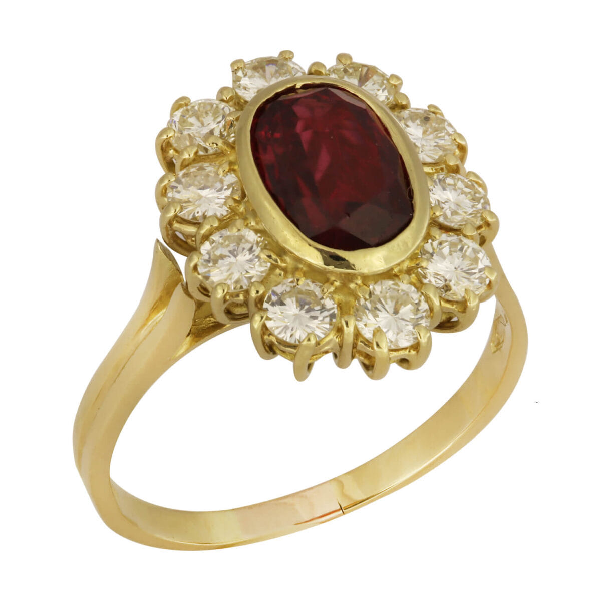 Anello in oro 14kt con rubino centrale 1,40 ct e diamanti taglio round 1 ct tot