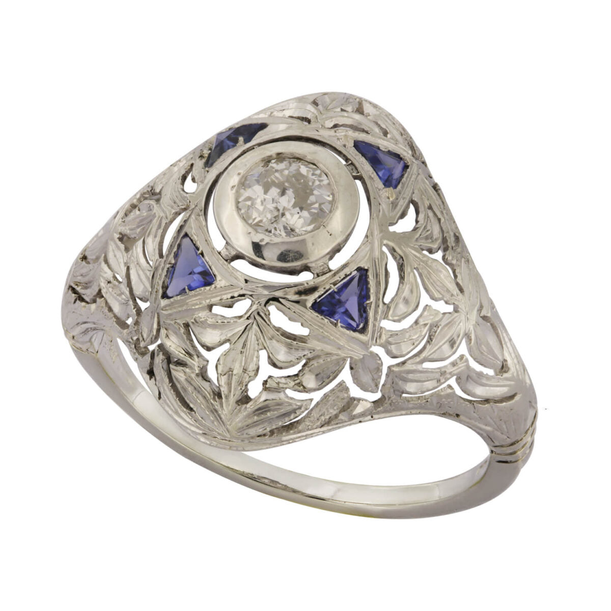 Anello in oro bianco con diamante round 0,20ct e zaffiri 0,20ct tot
