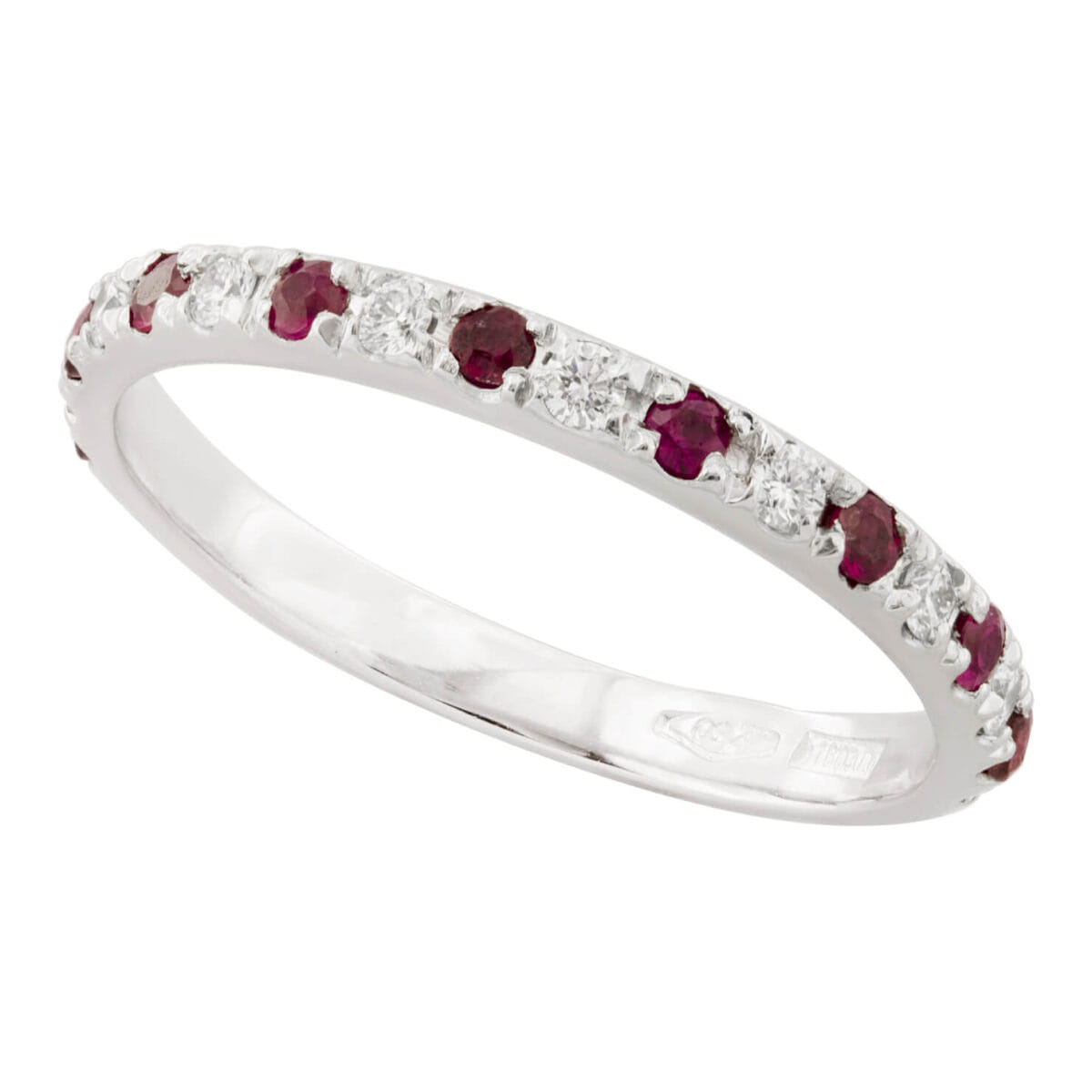 Anello veretta in oro bianco con rubini 0,18ct tot e diamanti 0,14ct tot