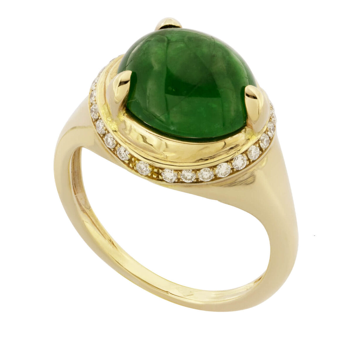 Anello in oro rosso con smeraldo cabochon 3,48ct e diamanti taglio round 0,186ct tot