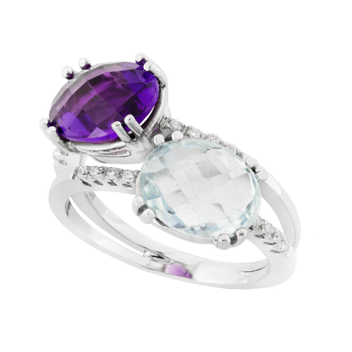 Anello in oro bianco con ametista 2,40ct ,topazio 2,80ct e diamanti 0,08ct tot