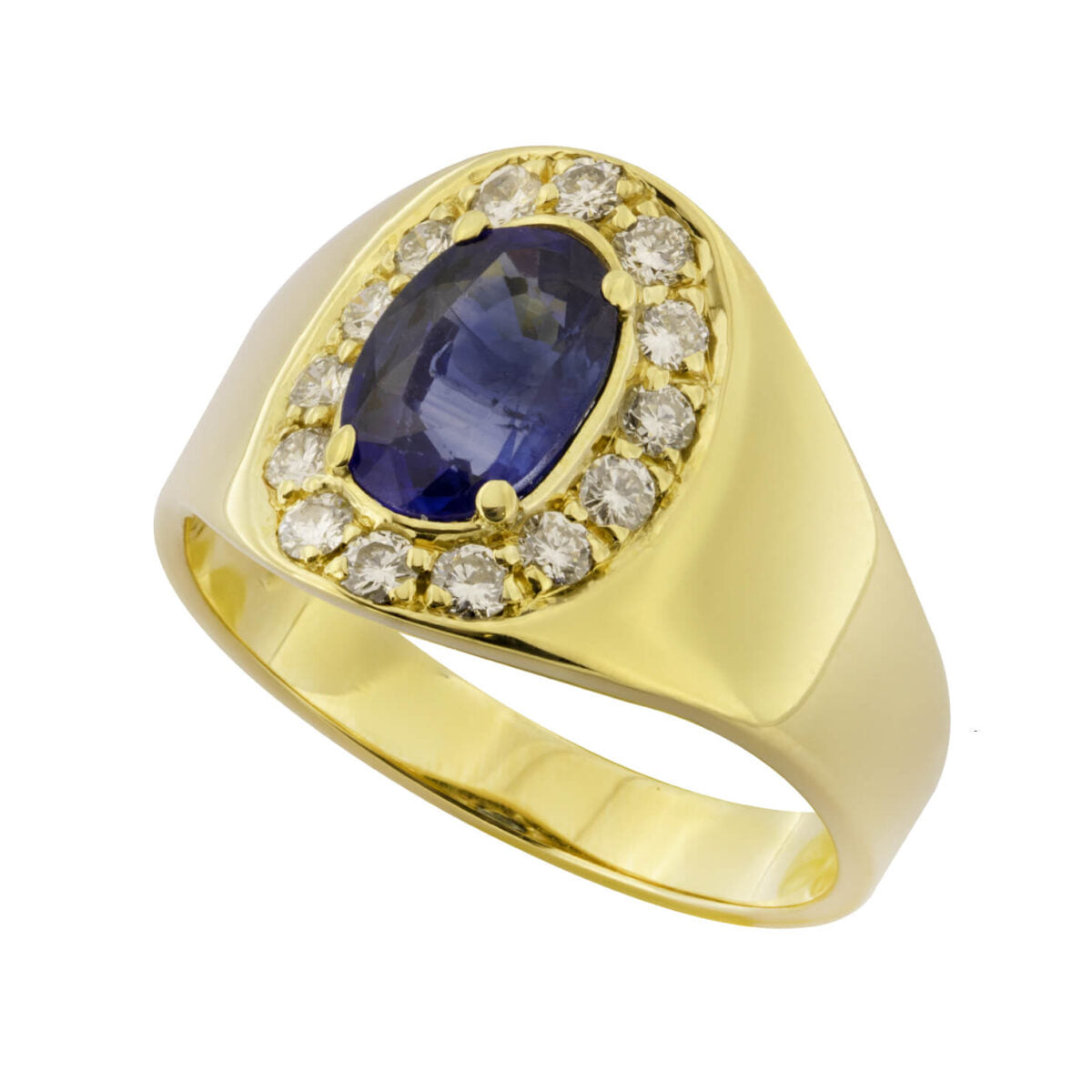 Anello in oro giallo con zaffiro 1,50ct e diamanti taglio round 0,28ct tot