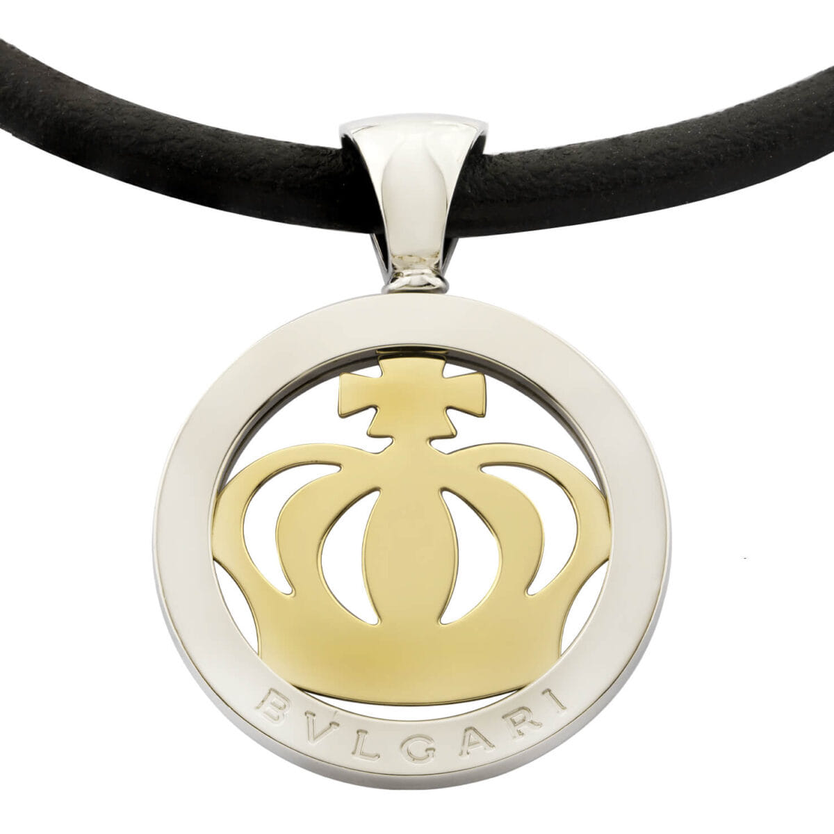 Collana Bulgari in caucciù con ciondolo oro giallo e acciaio