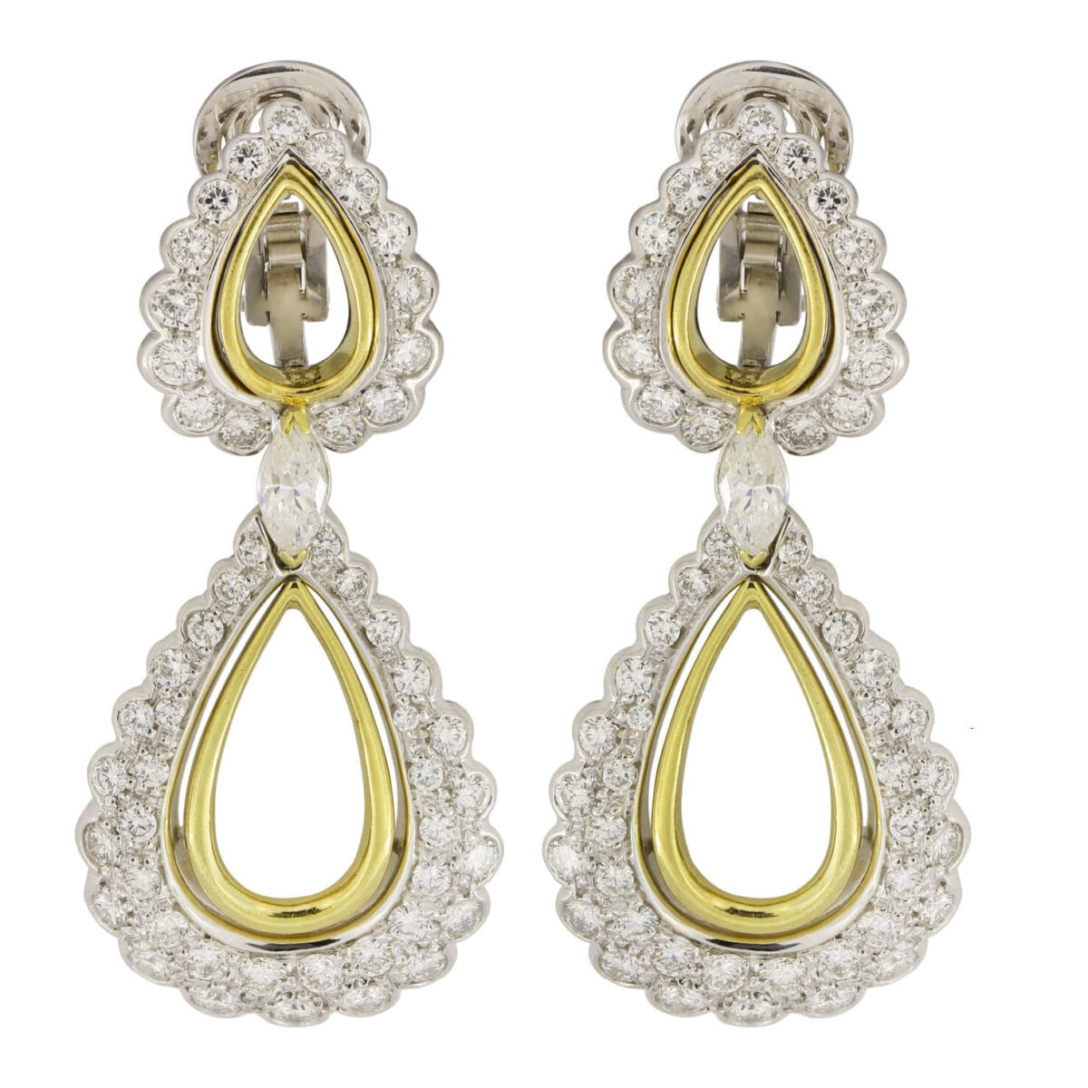 Orecchini pendenti in oro bianco e giallo con diamanti taglio round e marquise 4,28ct tot