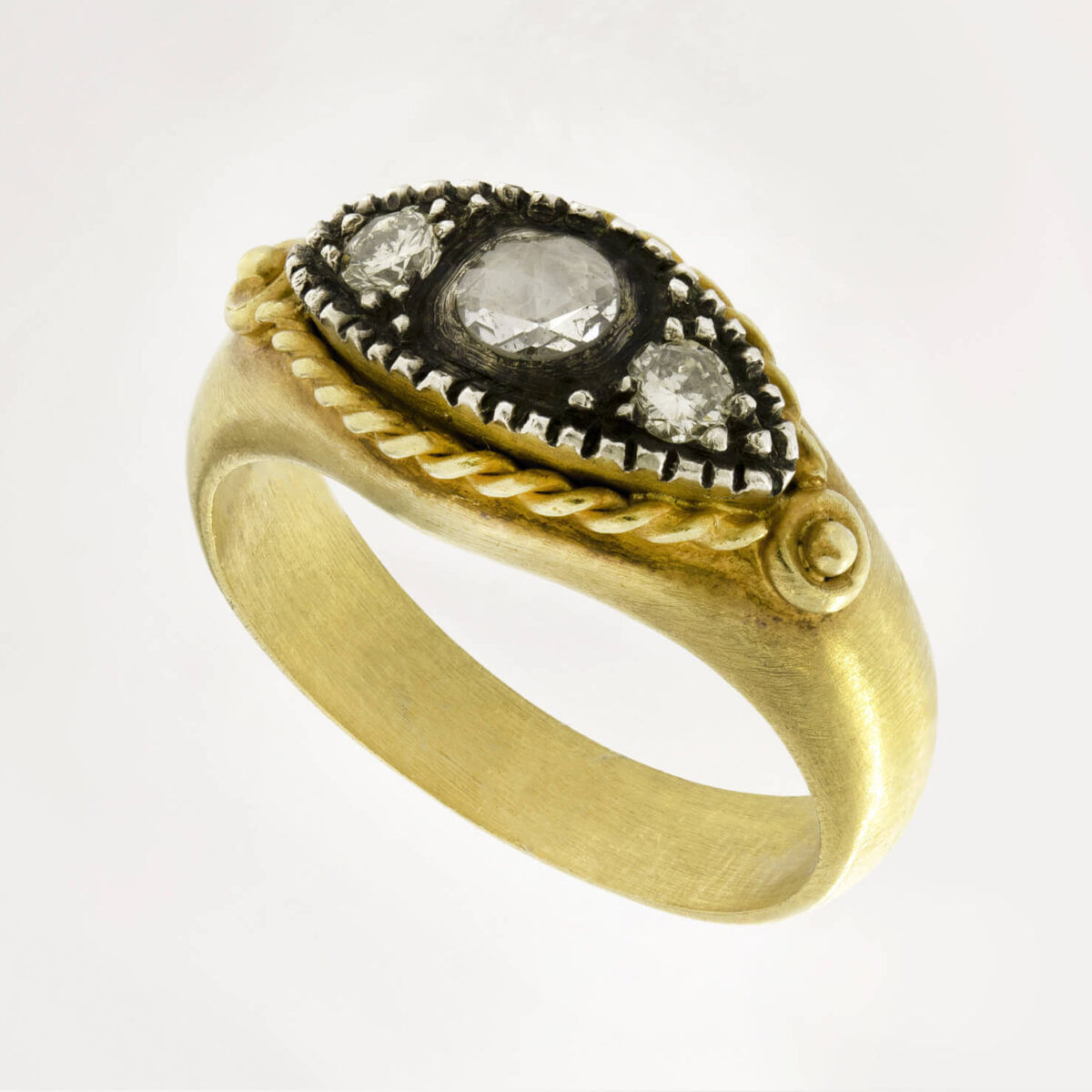 Anello in oro giallo argento e diamanti taglio antico 0,15ct tot