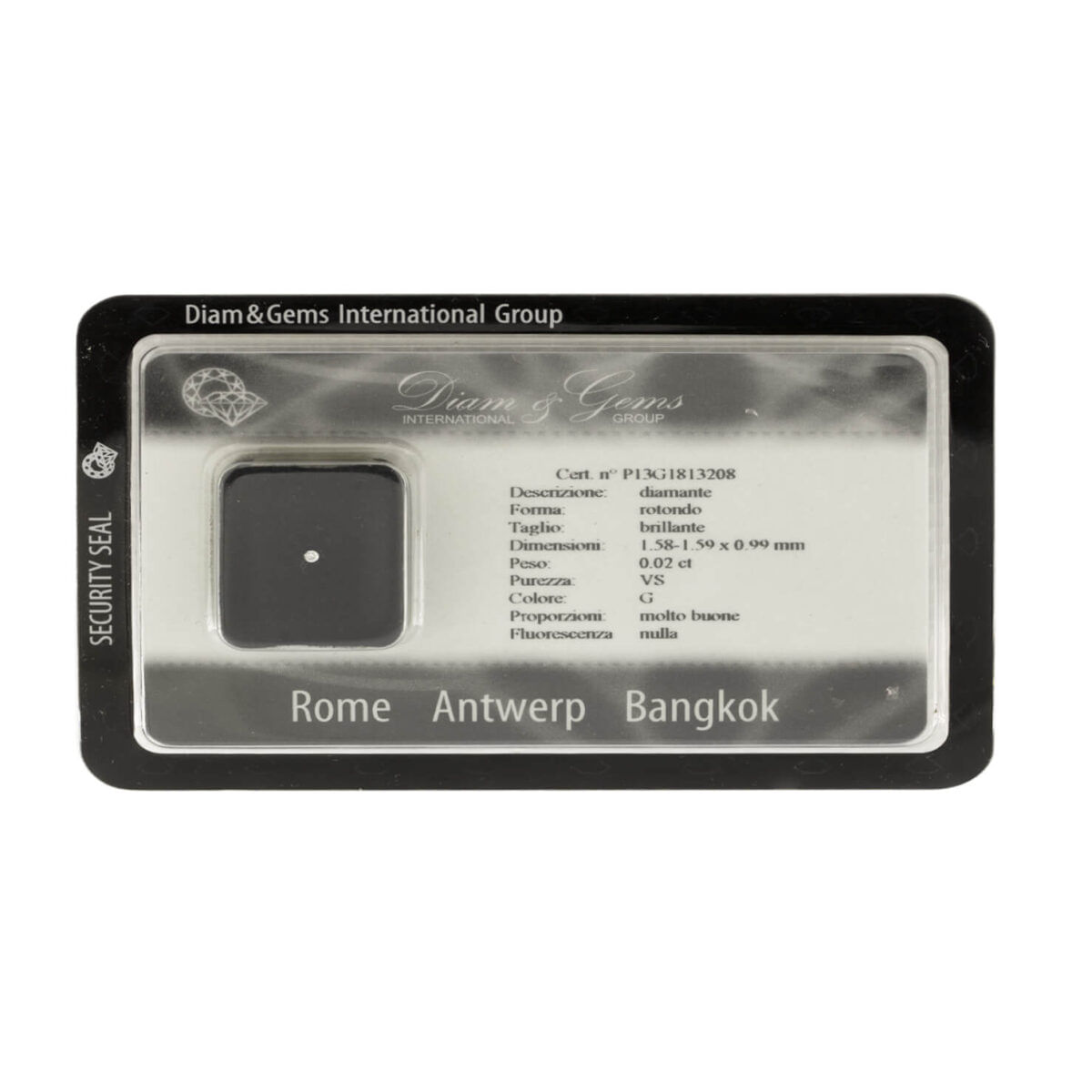 Diamante taglio rotondo brillante 0,02ct certificato DIAMGEMS