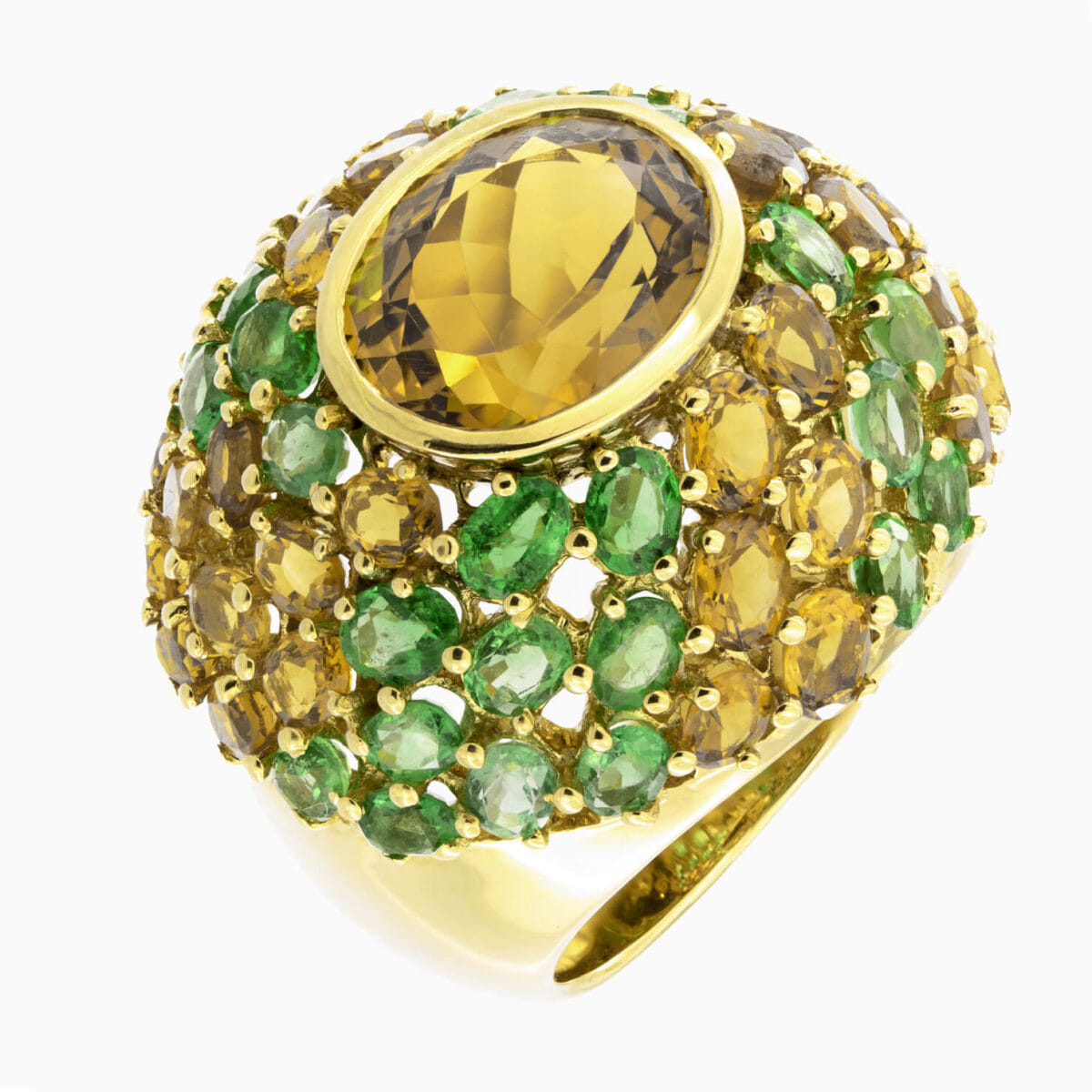 Anello in oro giallo con smeraldi 3ct tot e quarzi citrini 7ct tot