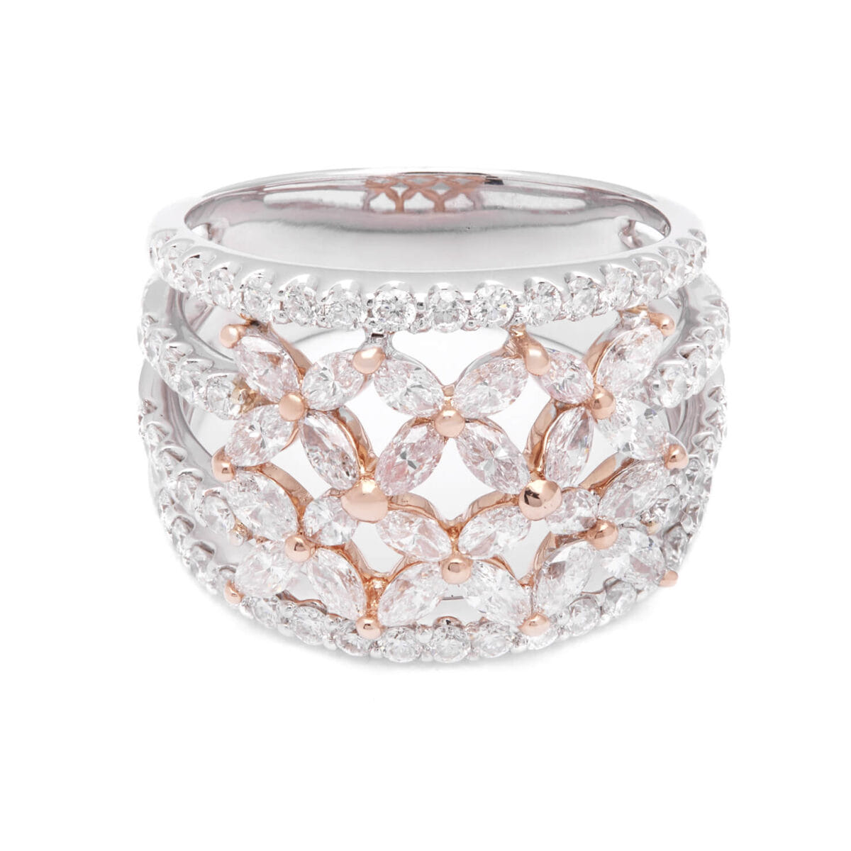 Anello fascia in oro bianco e rosa con diamanti taglio round e marquise 3,48ct tot