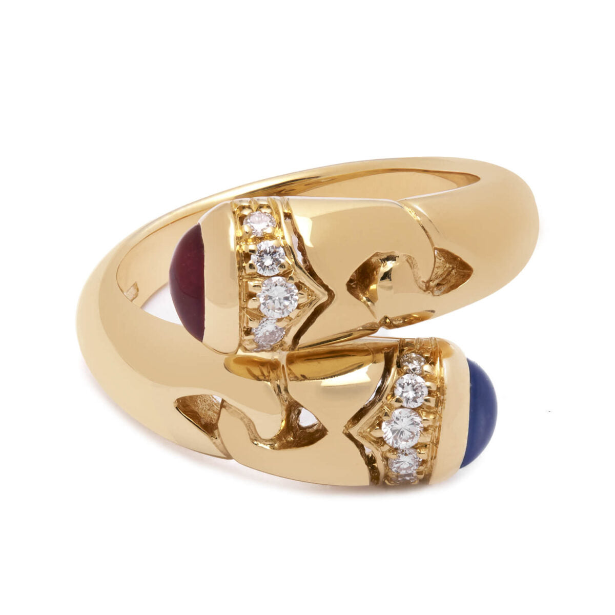 Anello Bulgari contrarie doppio bypass in oro giallo con diamanti 0,20ct tot rubino 0,50ct e zaffiro 0,50ct
