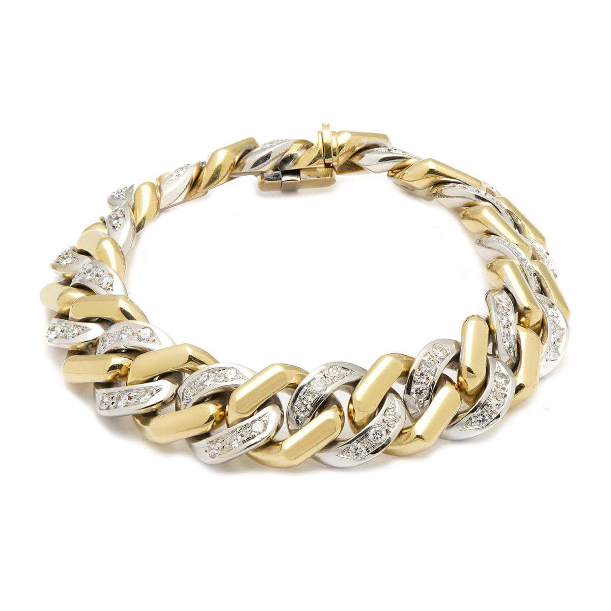 Bracciale maglia groumette in oro bianco e giallo con diamanti