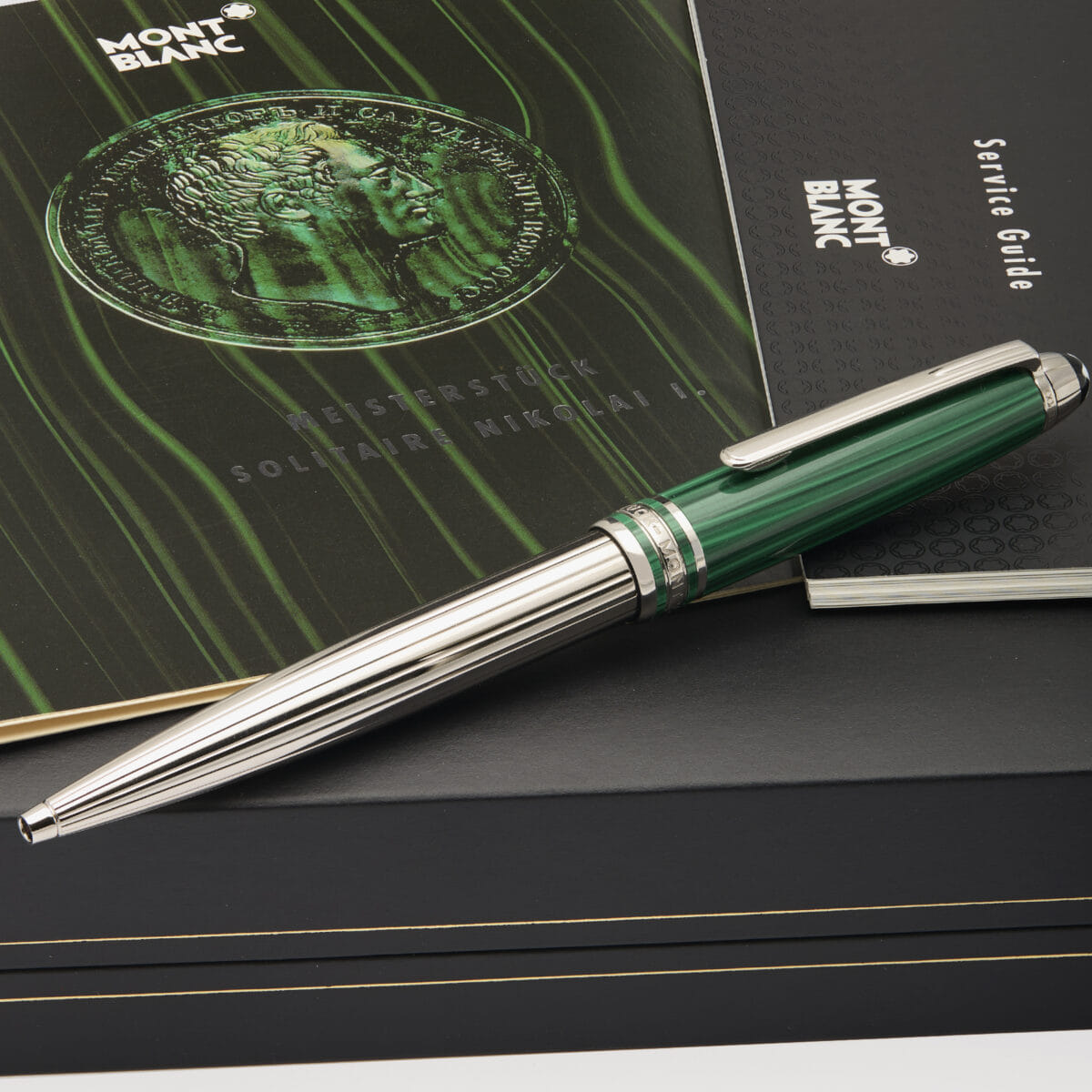 Penna Montblanc biro Meisterstuck solitaire Nikolai I malachite placcata platino