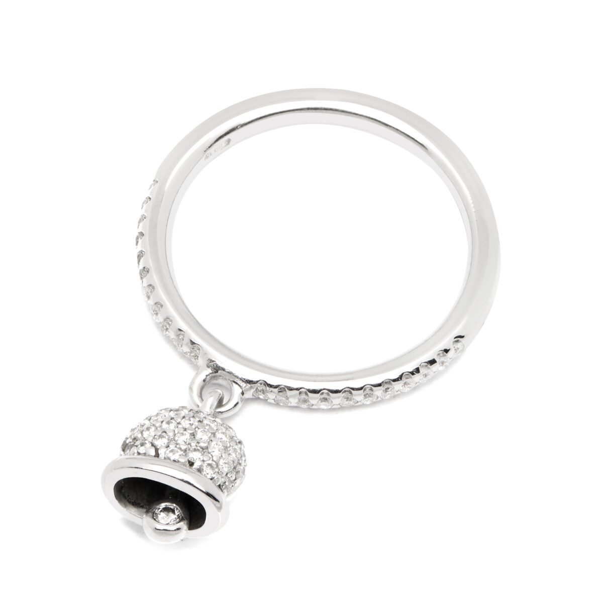 Anello con ciondolo campanella in oro bianco e diamanti