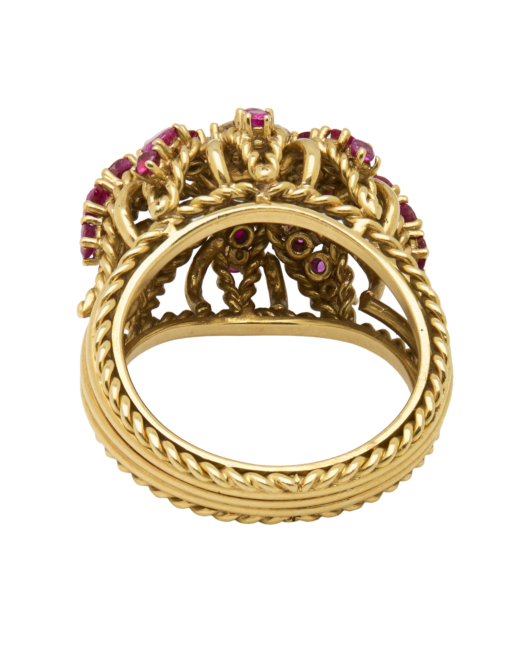 Anello in oro giallo con lavorazione intrecciata con rubini e diamanti-3