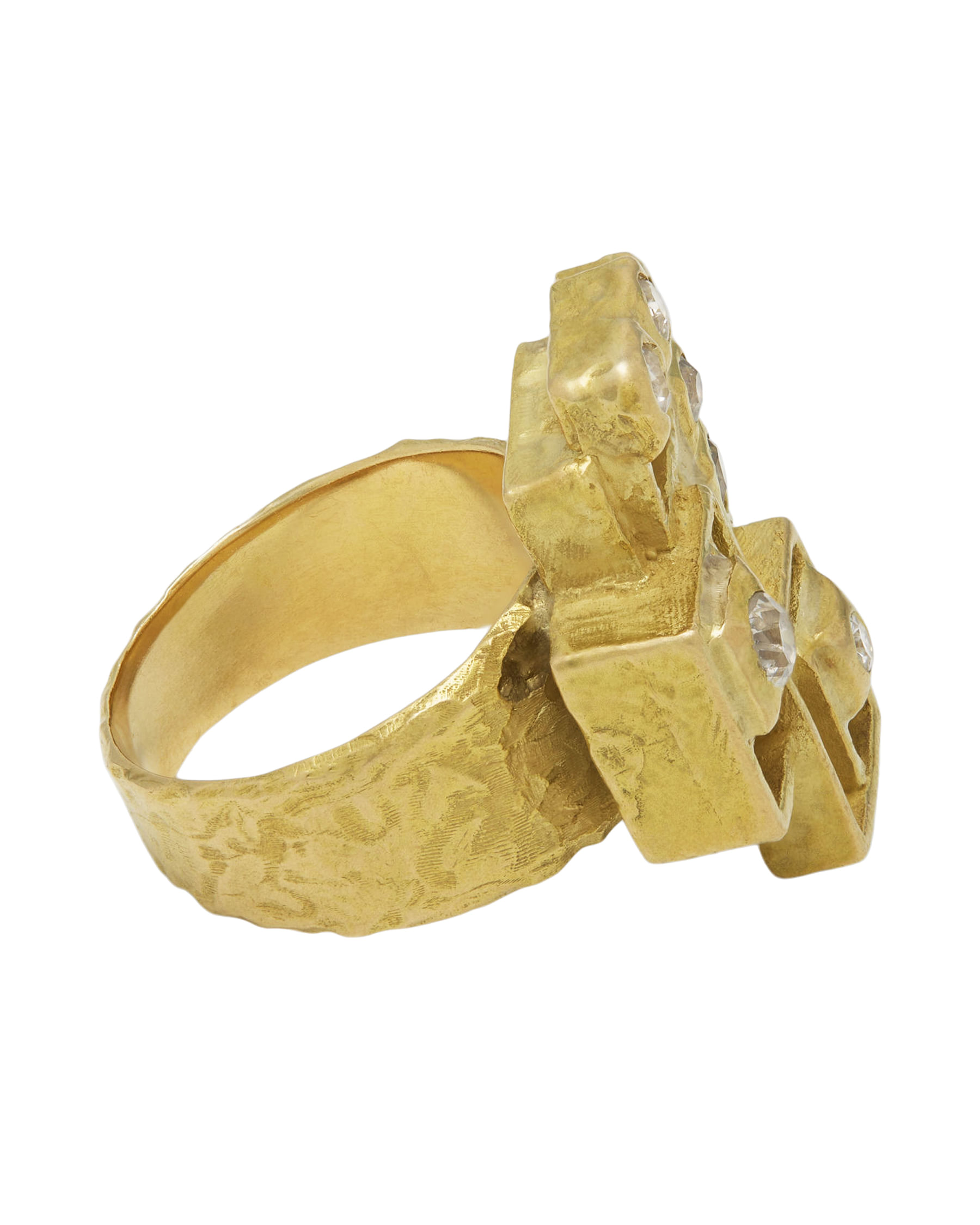 Anello geometrico artistico in oro giallo lavorato con diamanti taglio antico-2