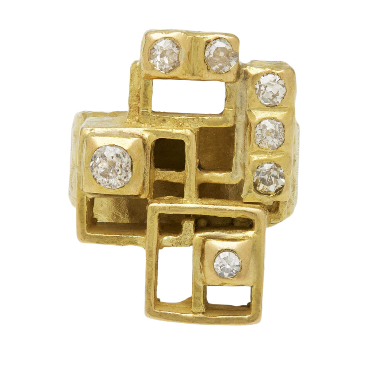 Anello geometrico artistico in oro giallo lavorato con diamanti taglio antico-1