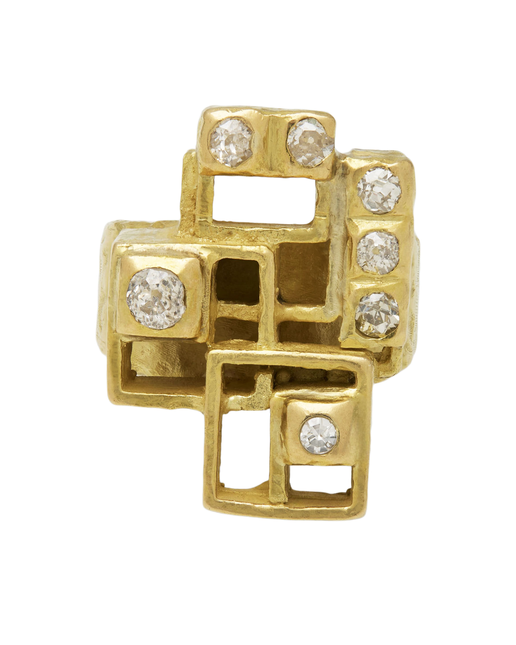 Anello geometrico artistico in oro giallo lavorato con diamanti taglio antico-1