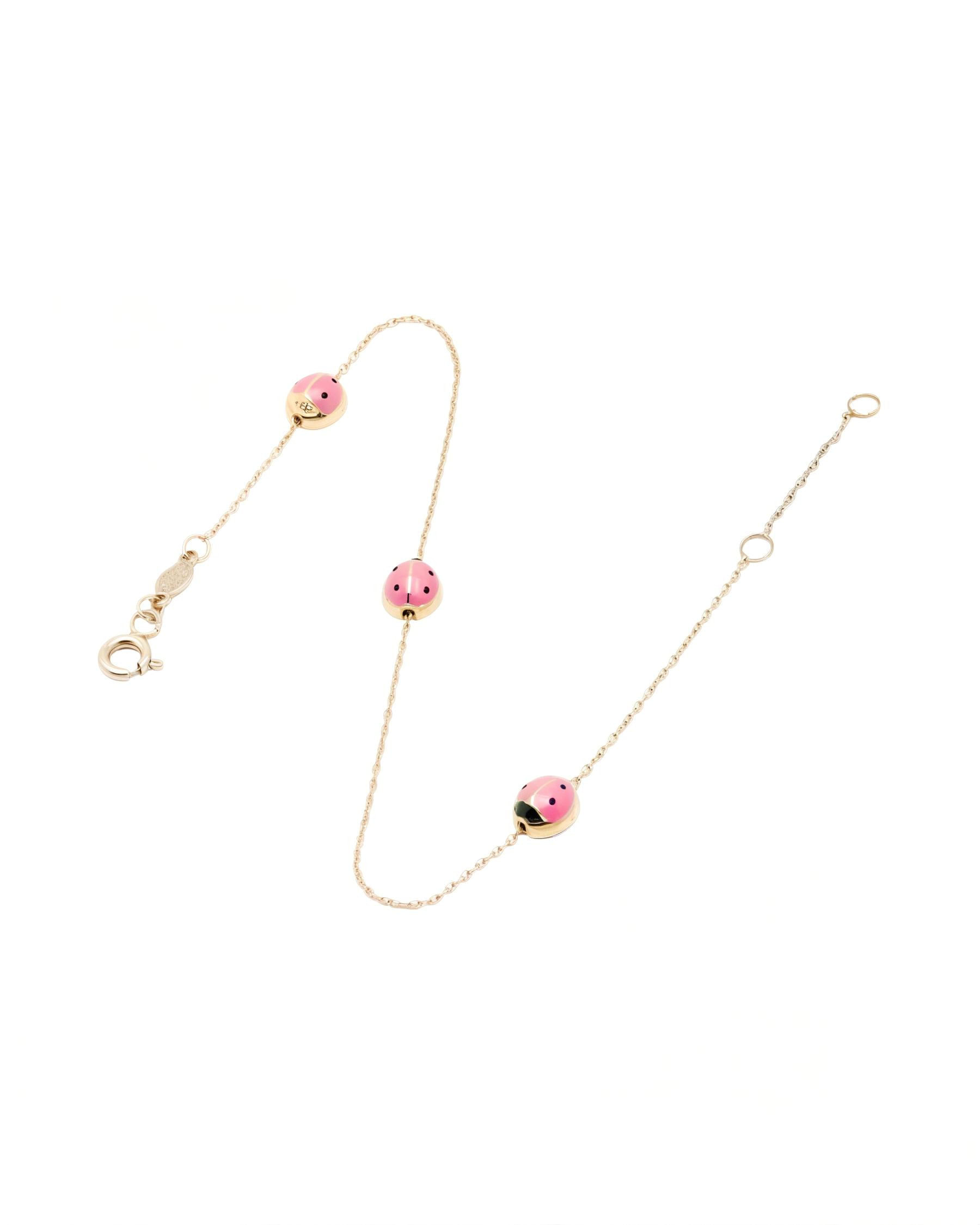 Braccialetto con 3 coccinelle in smalto rosa e nero in oro 9 kt-2