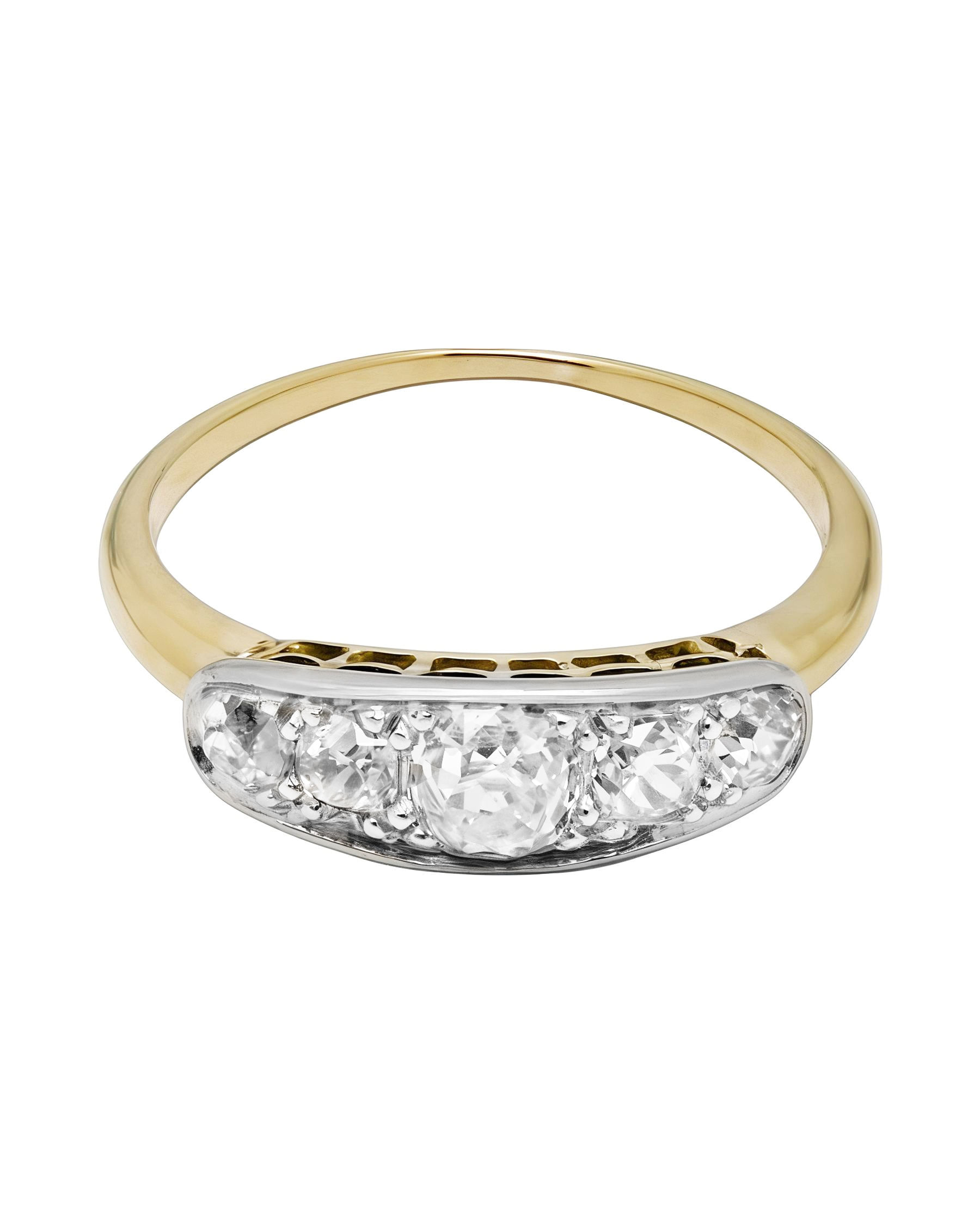 Anello veretta in oro giallo e bianco con 5 diamanti taglio antico-1