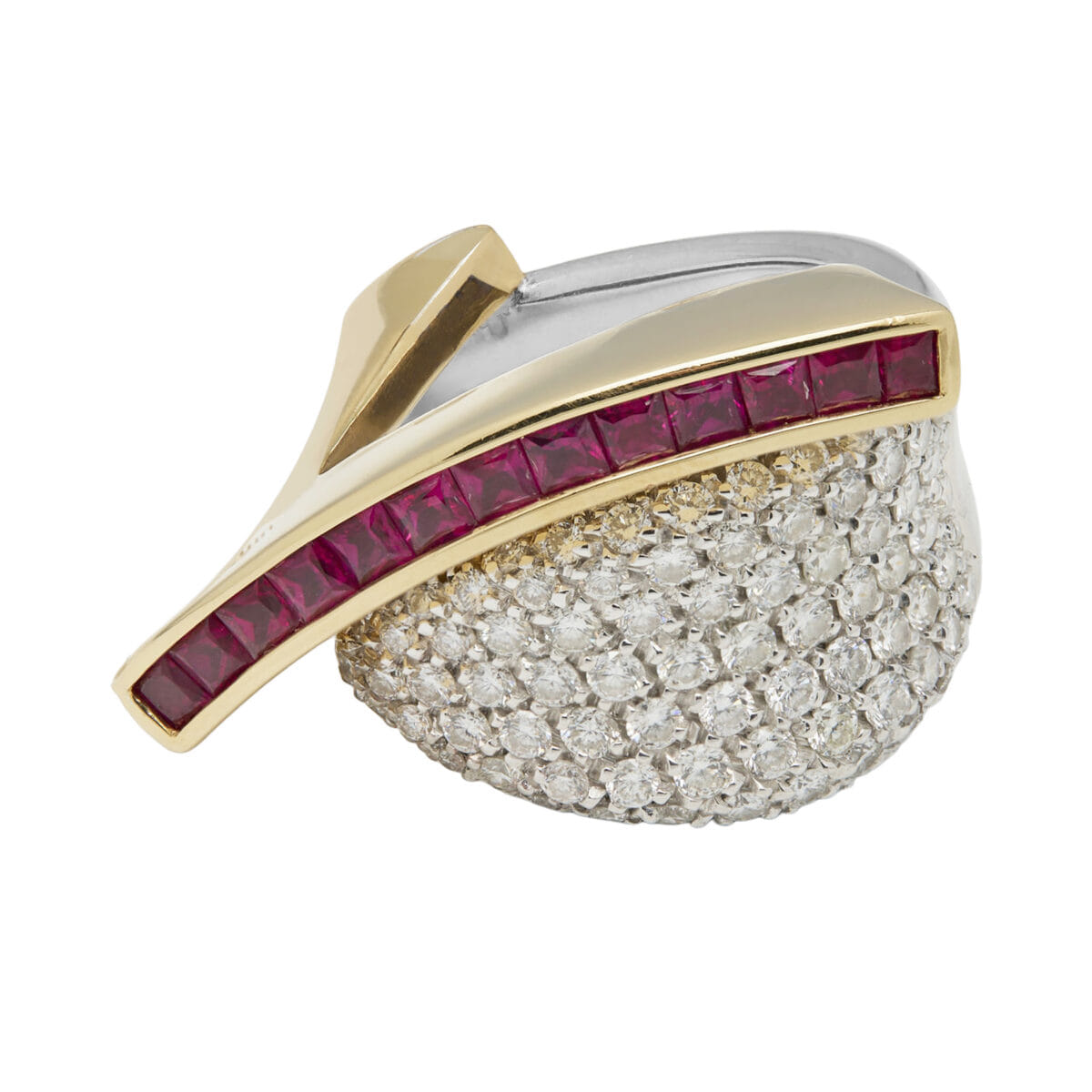 Anello fascia contrariè in oro bianco e giallo con diamanti e rubini princess-1