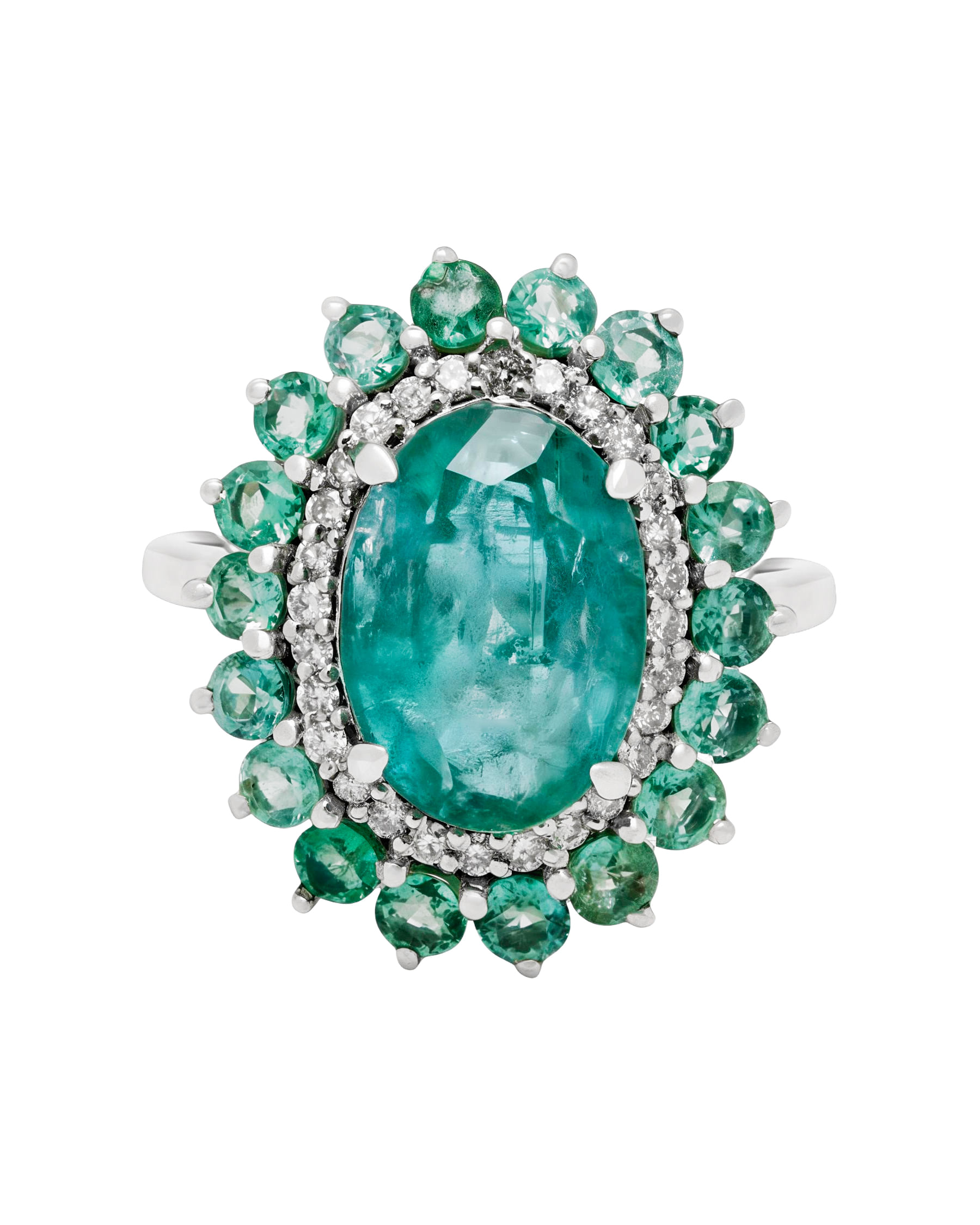 Anello in oro bianco 14 kt con smeraldo centrale e doppio giro di diamanti e smeraldo-1