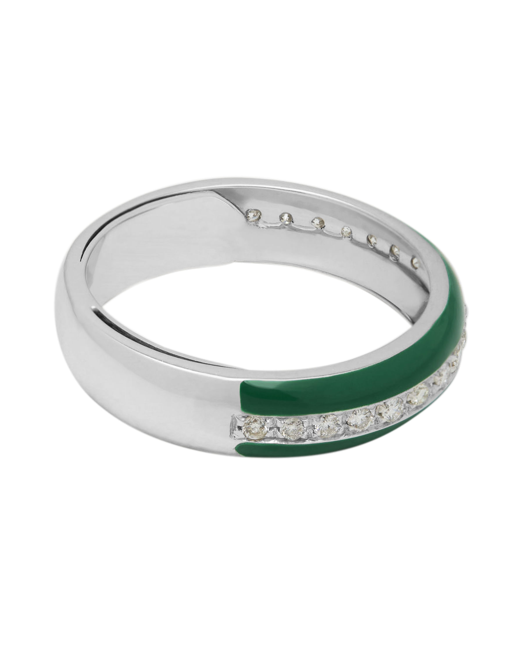 Anello fede in oro bianco con smalto verde e fila di diamanti centrali-2