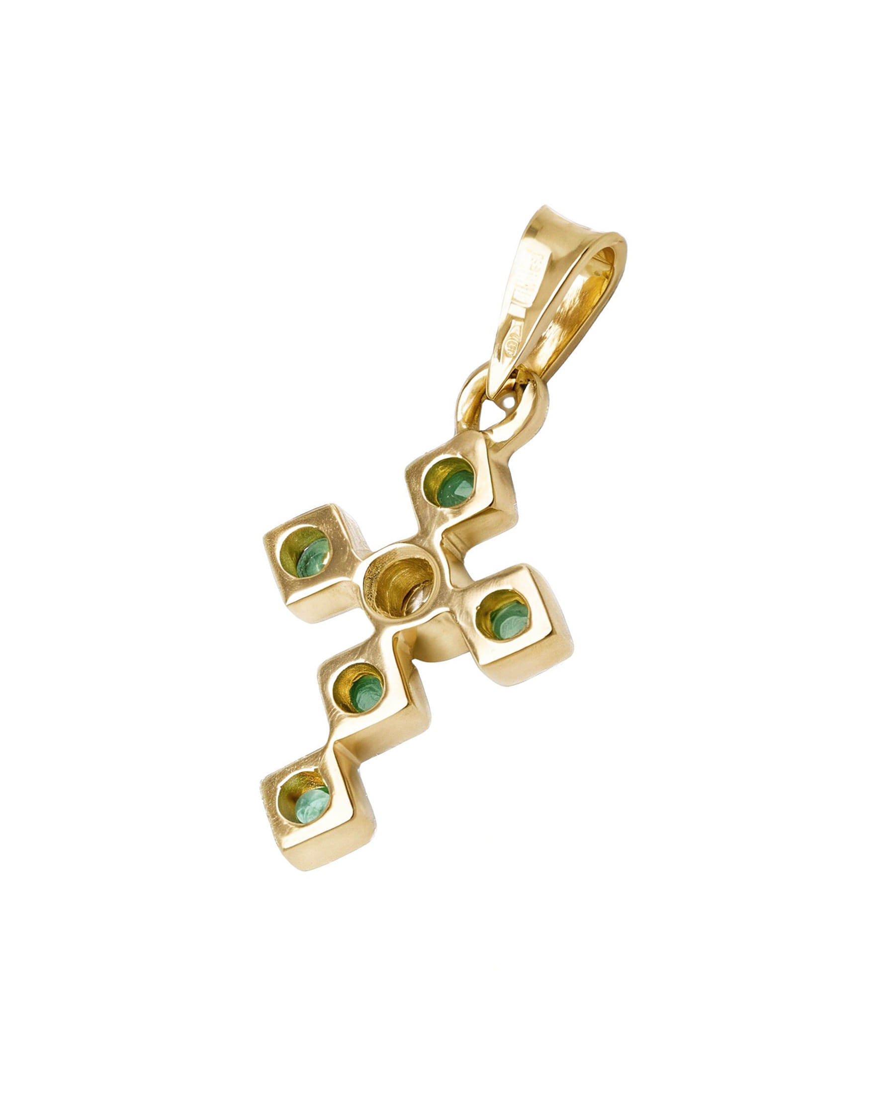 Ciondolo croce in oro giallo castoni a rombo con smeraldi e diamante-2