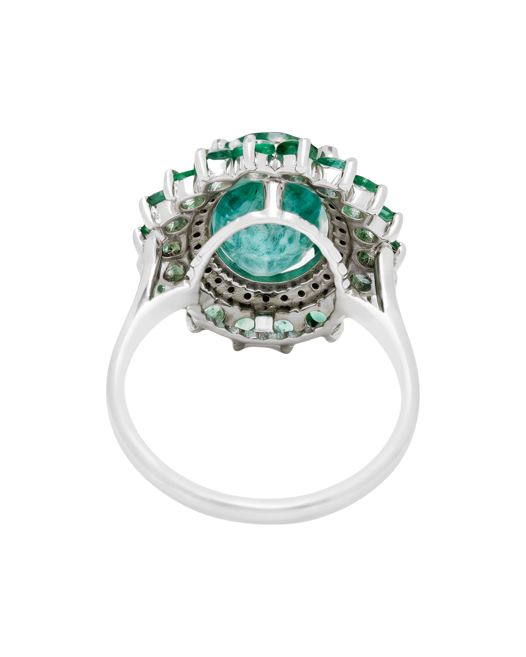 Anello in oro bianco 14 kt con smeraldo centrale e doppio giro di diamanti e smeraldo-3