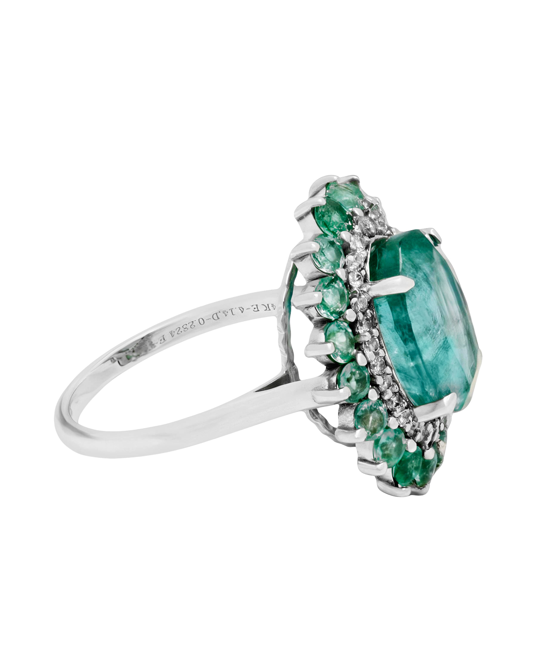 Anello in oro bianco 14 kt con smeraldo centrale e doppio giro di diamanti e smeraldo-2