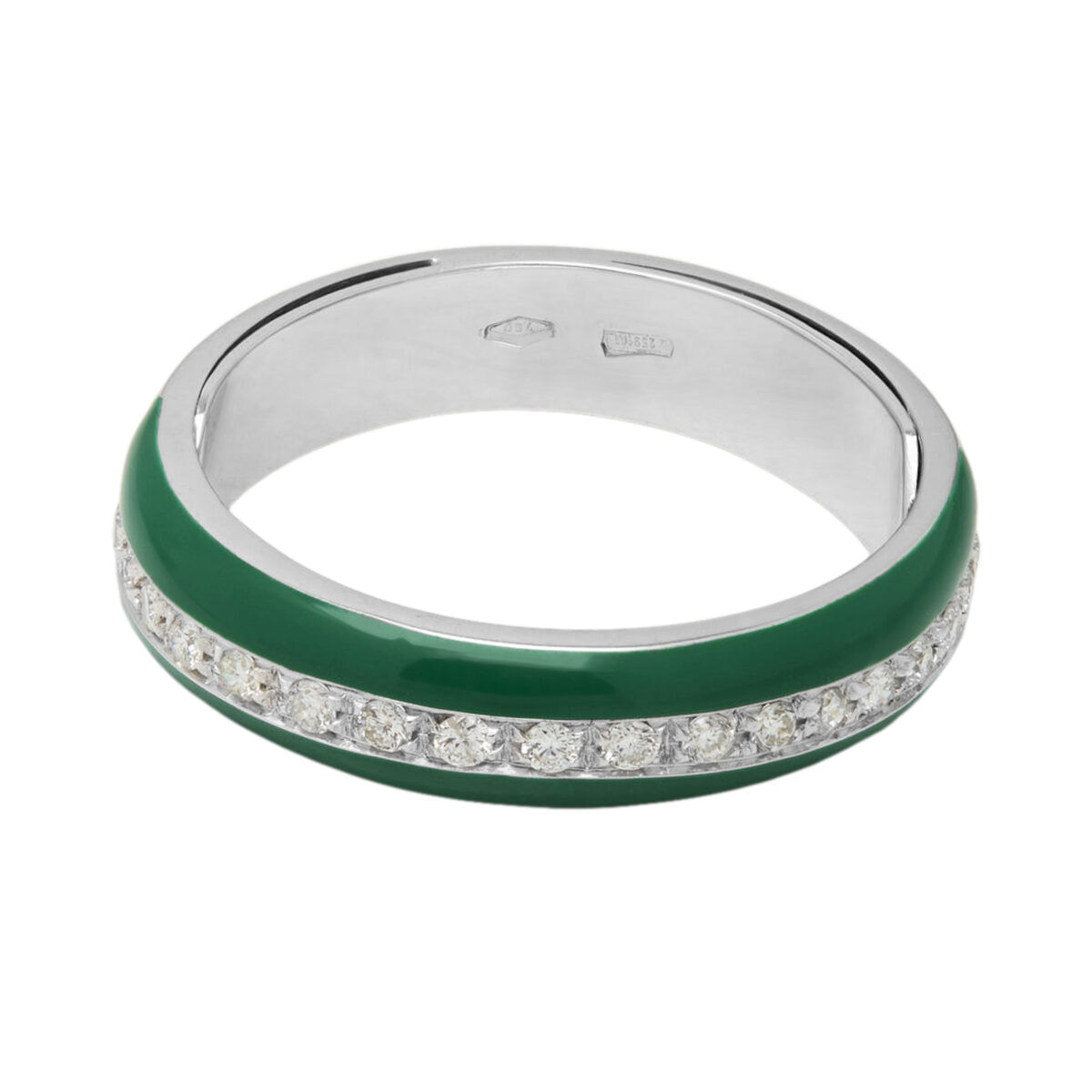 Anello fede in oro bianco con smalto verde e fila di diamanti centrali-1