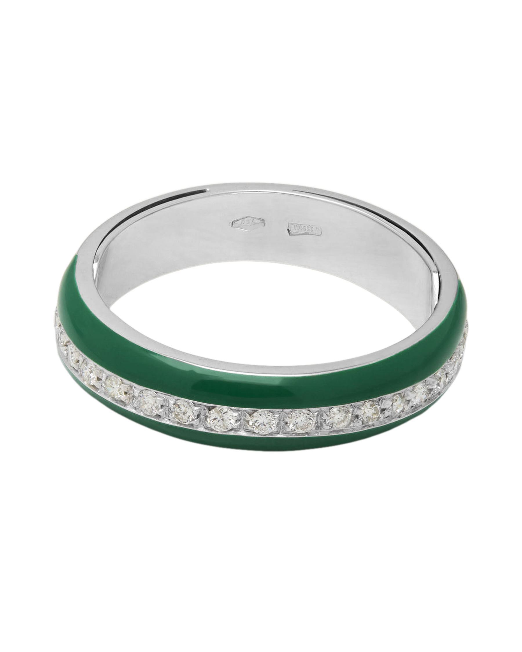 Anello fede in oro bianco con smalto verde e fila di diamanti centrali-1