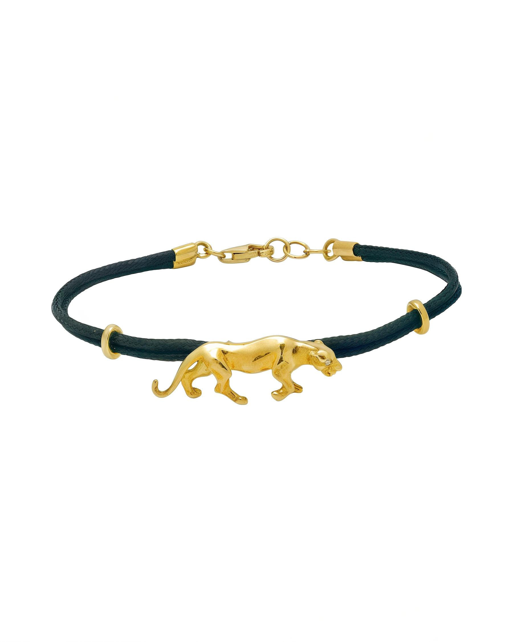 Bracciale con cordino di tessuto e ciondolo panthere in oro giallo e diamante-1