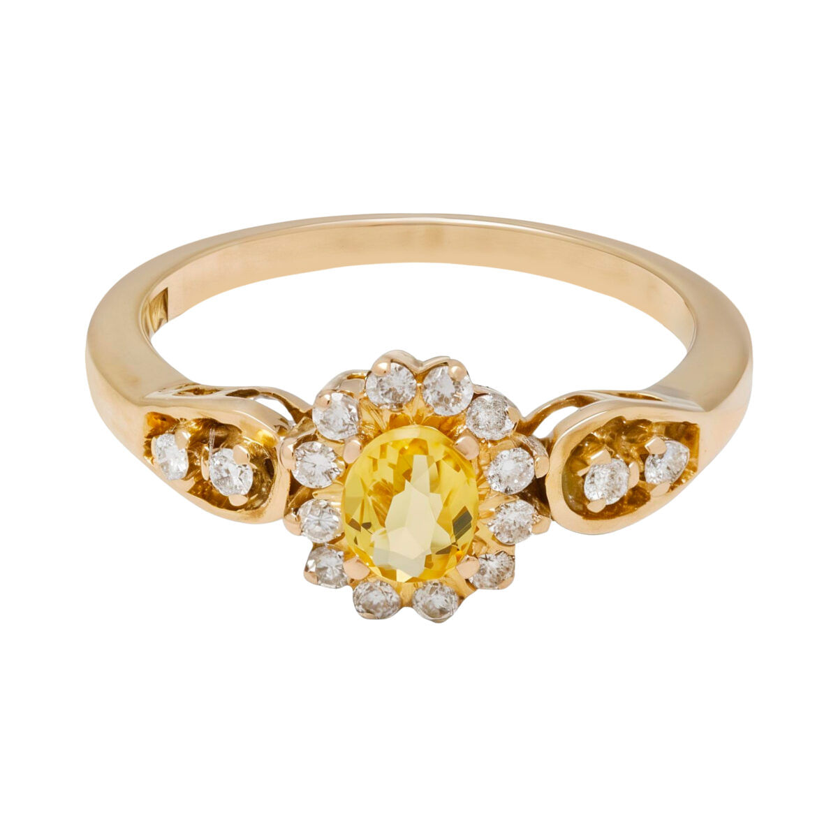 Anello fiore oro rosa 14 kt con citrino giallo e diamanti laterali-1