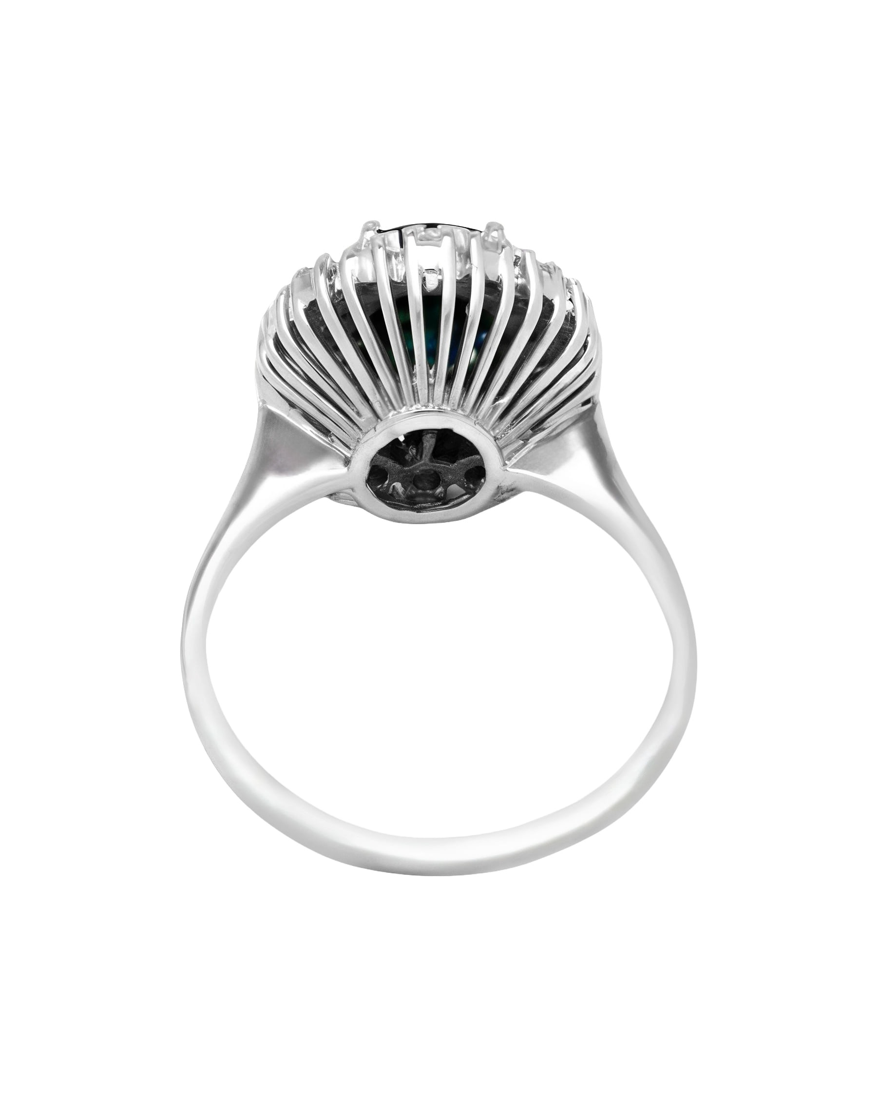 Anello fiore in oro bianco con doppio giro di diamanti e zaffiro centrale-3