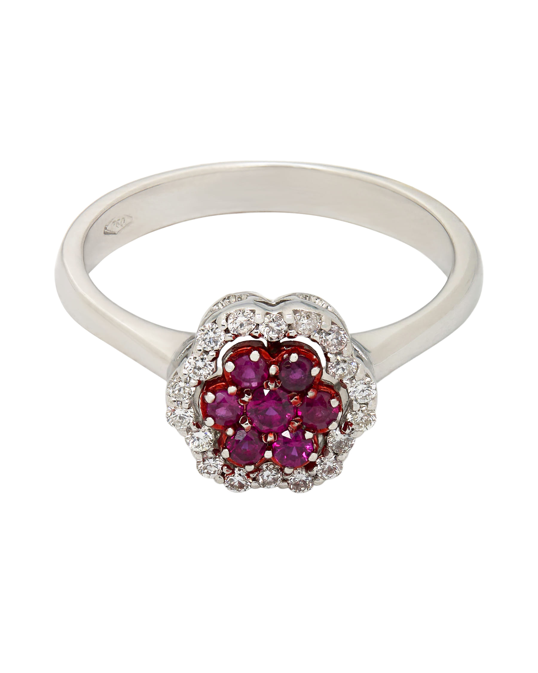 Anello fiore in oro bianco con diamanti e rubini-1