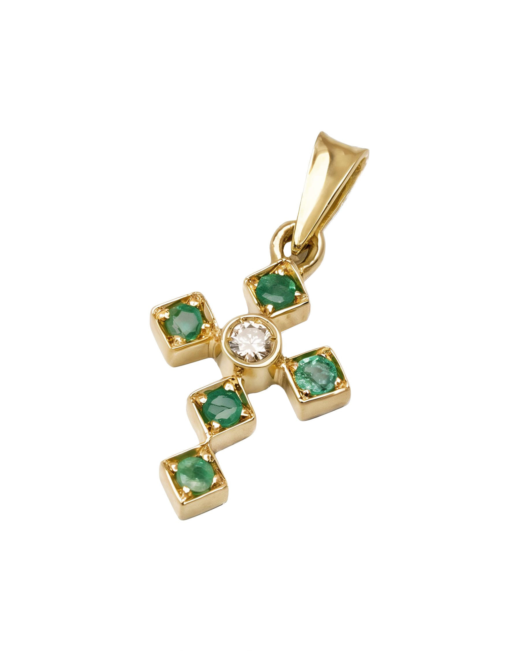 Ciondolo croce in oro giallo castoni a rombo con smeraldi e diamante-1