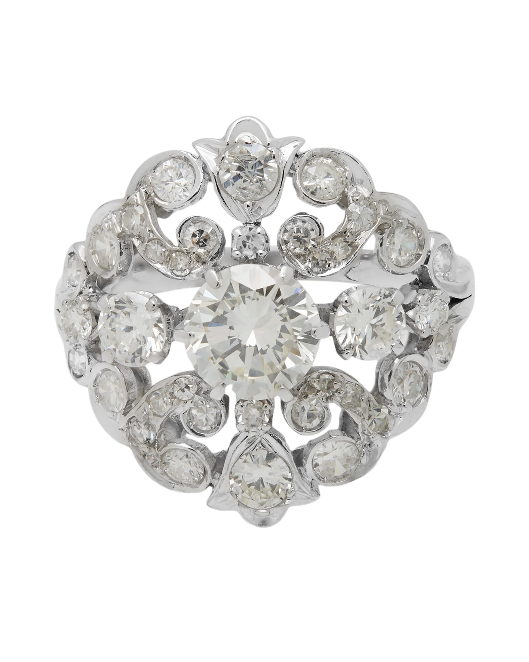 Anello ricamo in oro bianco con diamanti e diamante centrale 0,95 ct-1