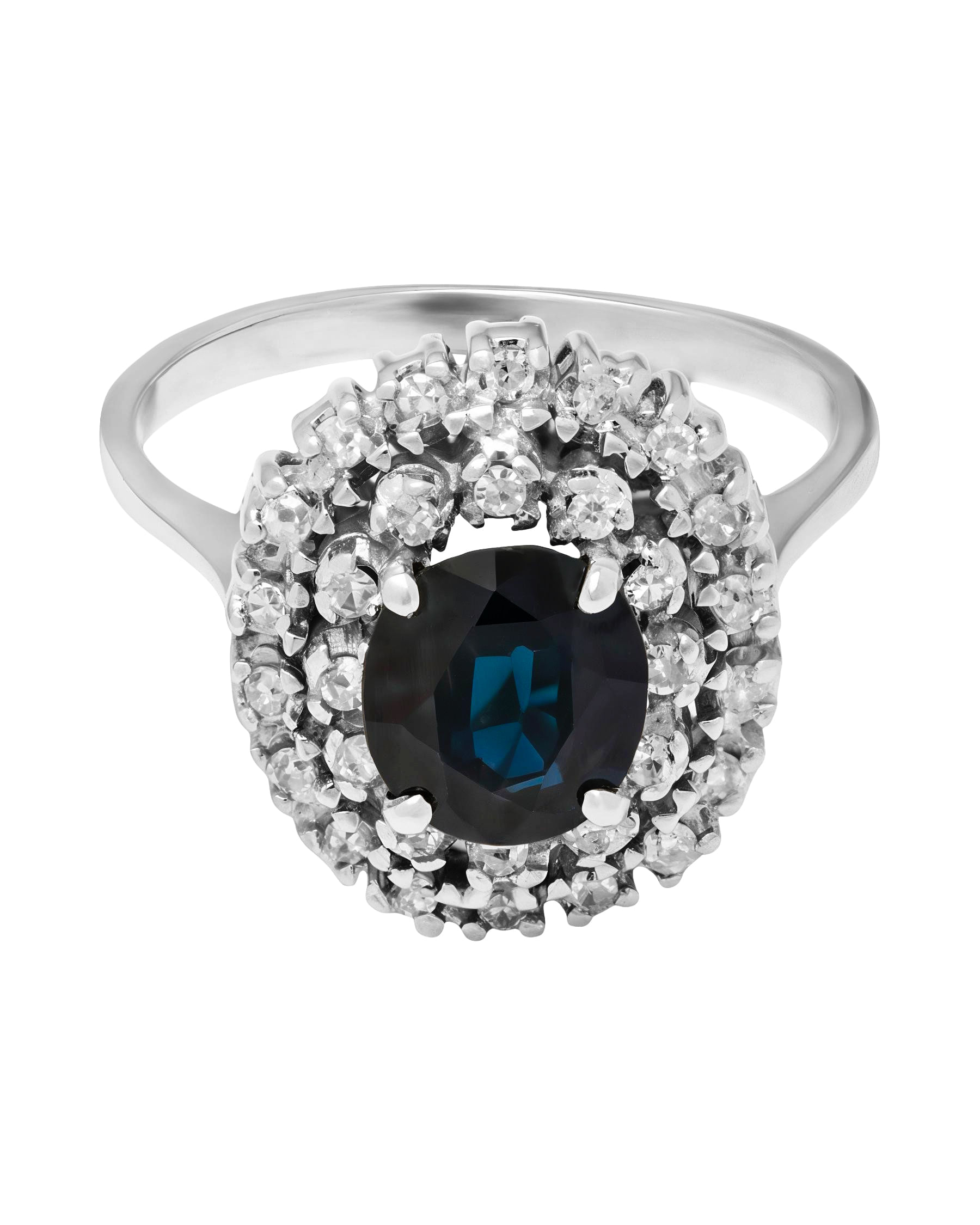 Anello fiore in oro bianco con doppio giro di diamanti e zaffiro centrale-1