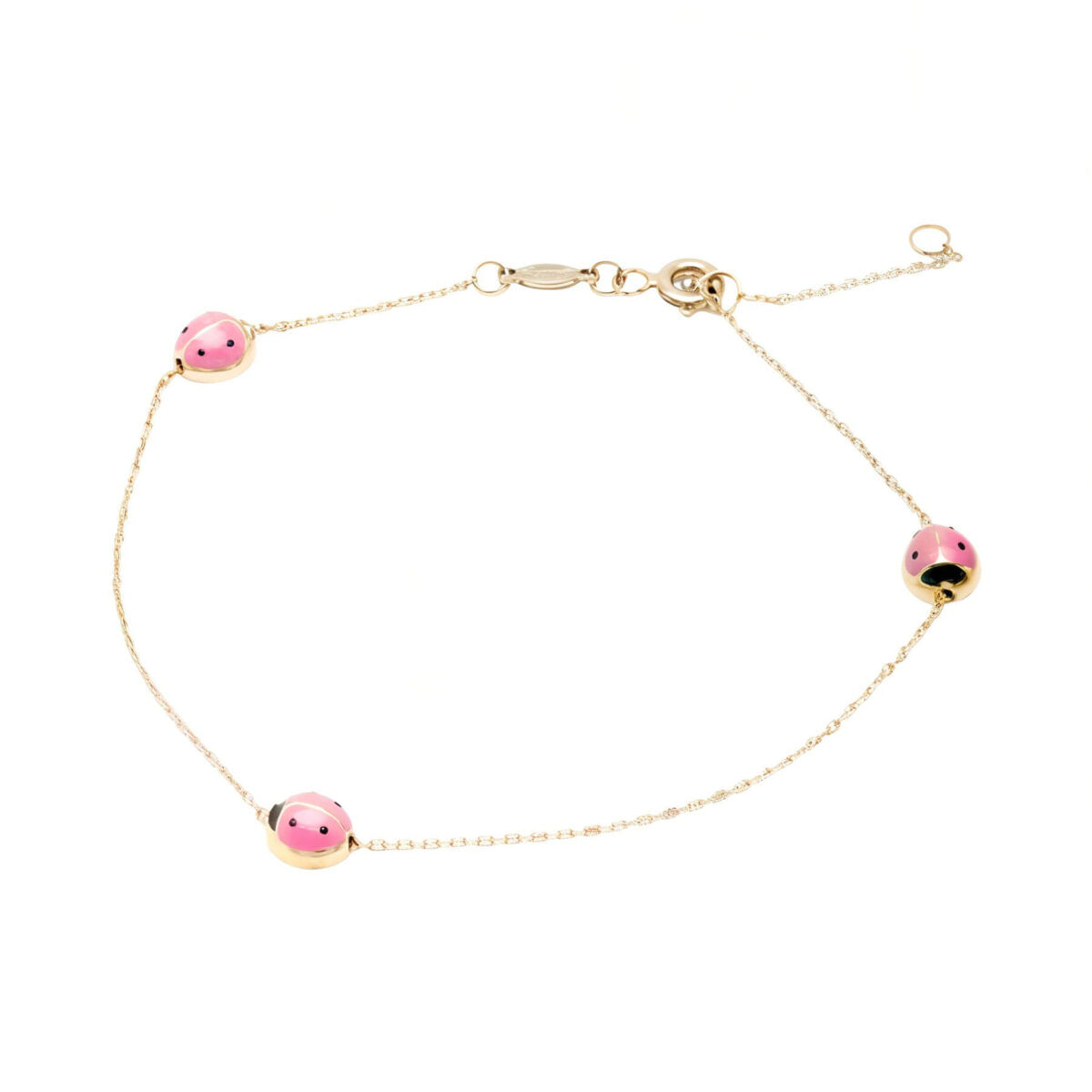 Braccialetto con 3 coccinelle in smalto rosa e nero in oro 9 kt-1