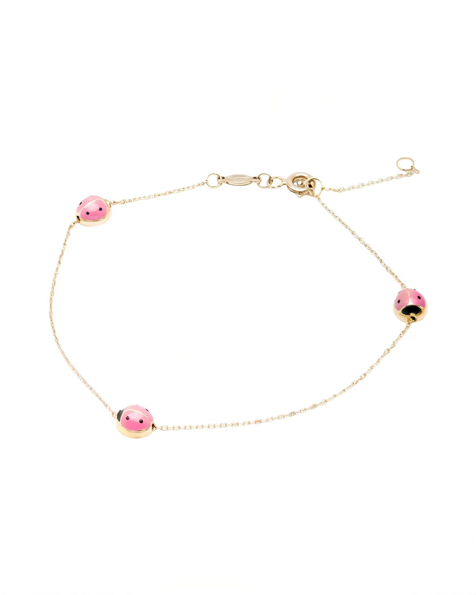 Braccialetto con 3 coccinelle in smalto rosa e nero in oro 9 kt-1