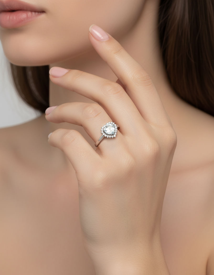 Anello cuore con acquamarina e giro di diamanti-4