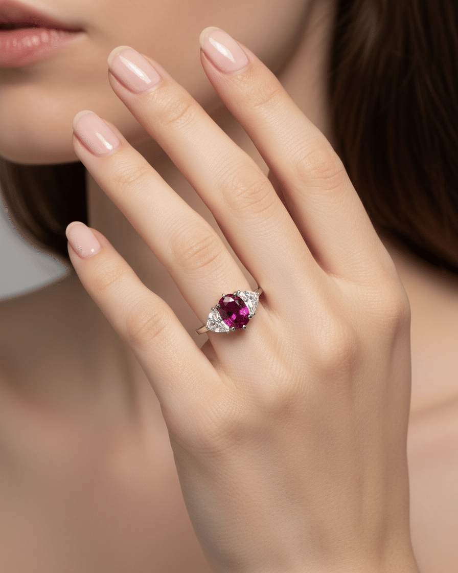 Anello in platino con rubino centrale ovale 2 diamanti triangle-5