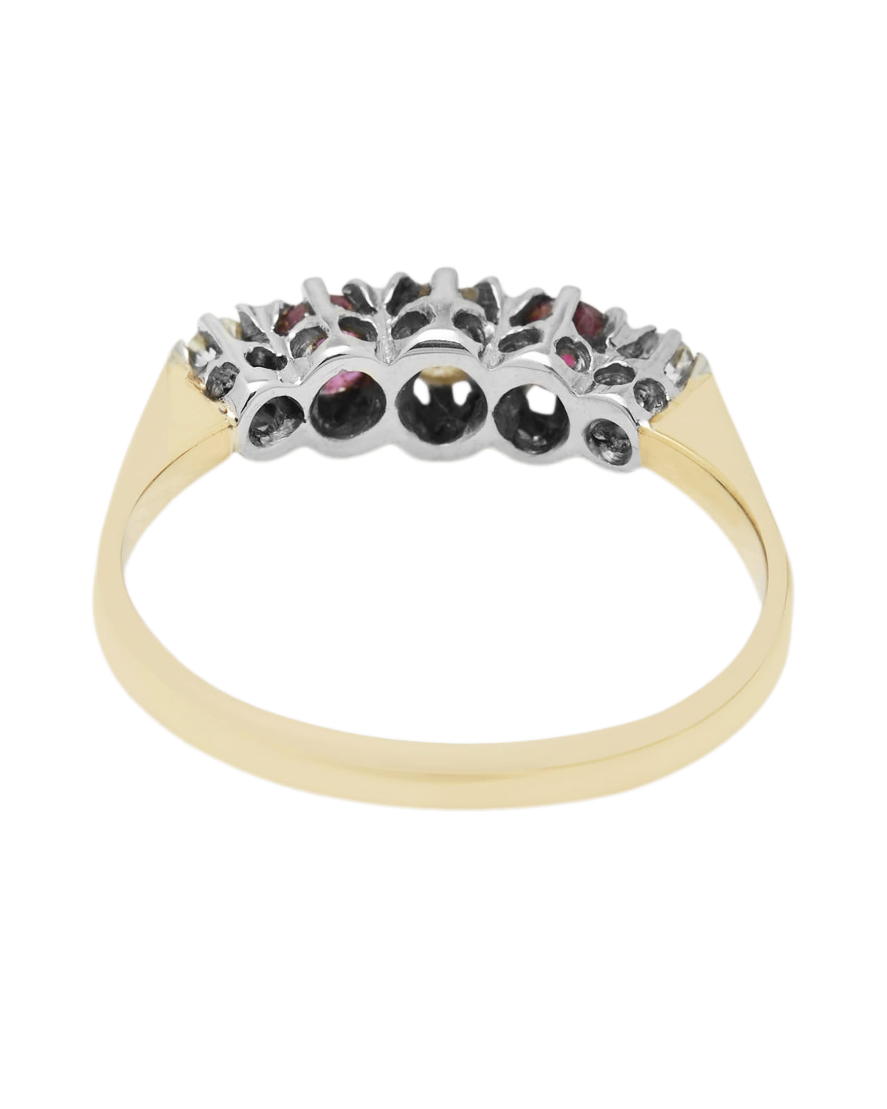 Anello veretta in oro bianco e giallo con rubini e diamanti taglio antico-3