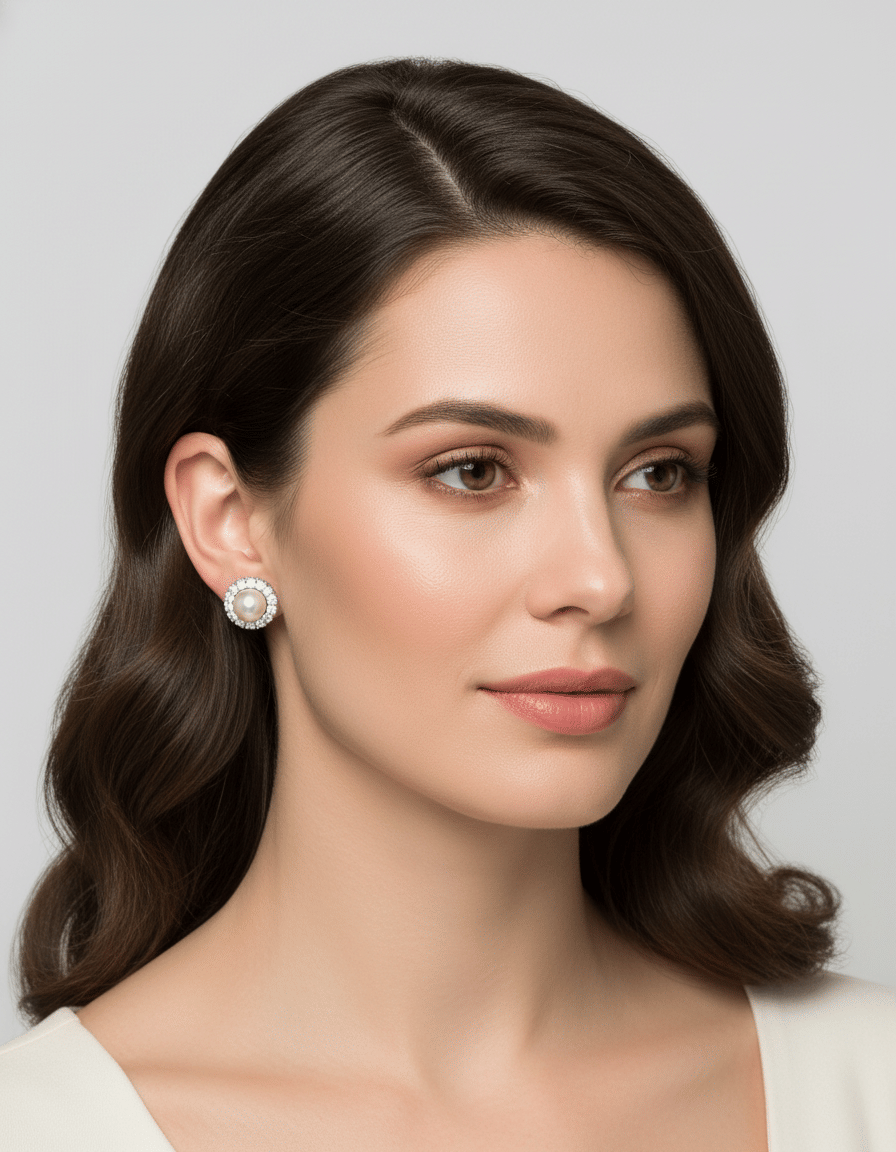 Orecchini a clip in oro bianco con perla centrale e giro di diamanti-3