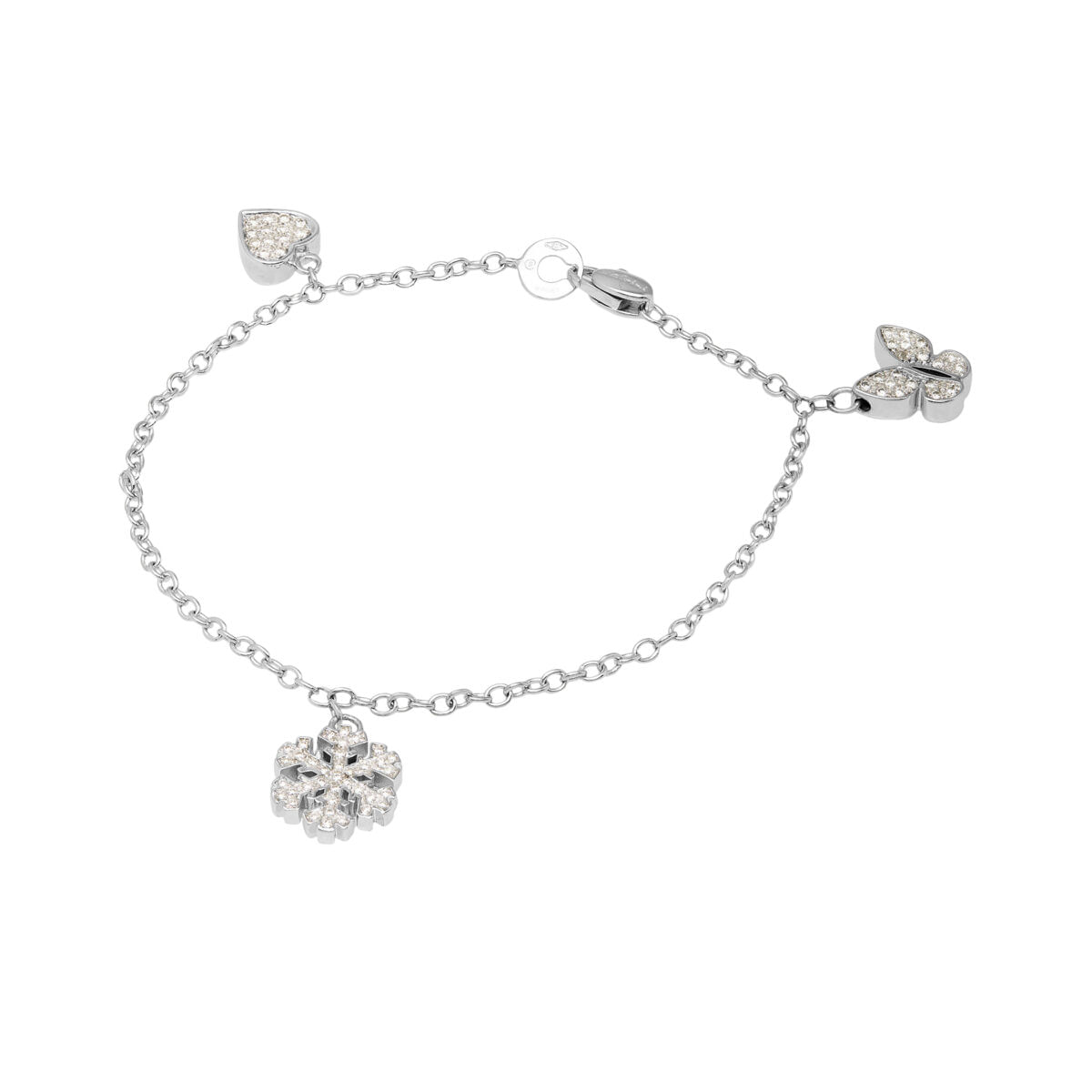 Bracciale salvini con forme cuore, farfalla e fiocco di neve in oro bianco e diamanti-1
