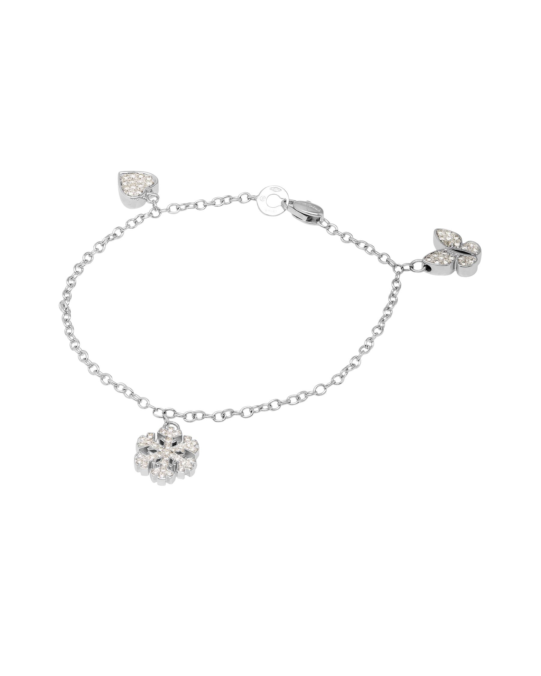 Bracciale salvini con forme cuore, farfalla e fiocco di neve in oro bianco e diamanti-1