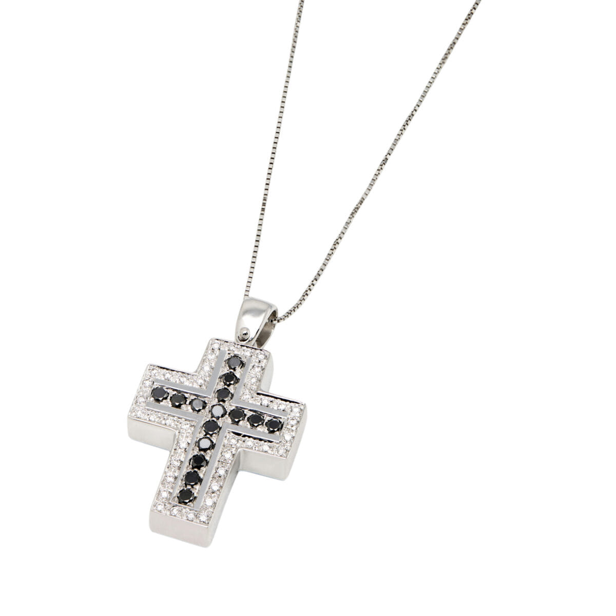 Collana con ciondolo croce in oro bianco con diamanti bianchi e neri